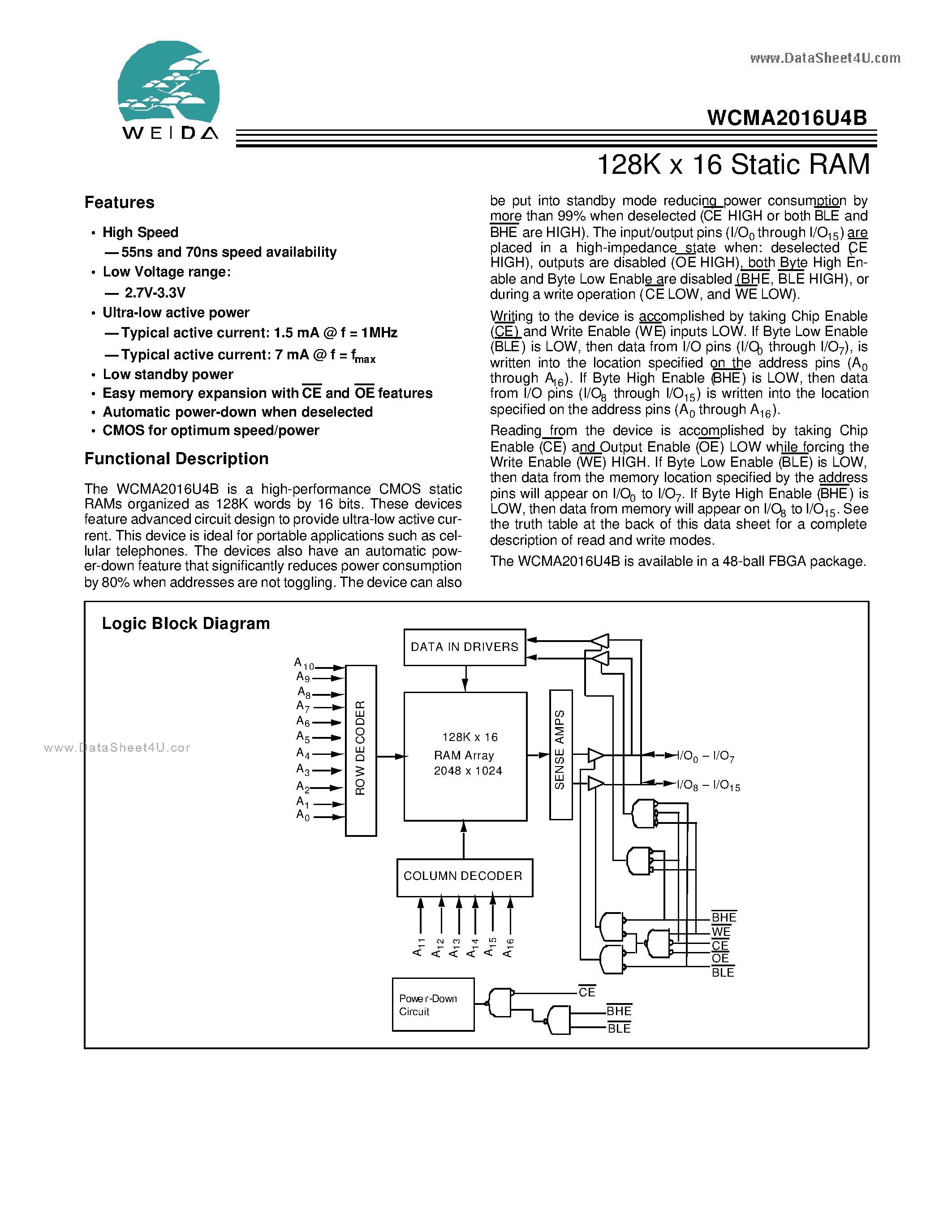 Datasheet WCMA2016U4B page 1 Datasheet WCMA2016U4B - 128K x 16 Static RAM page 1