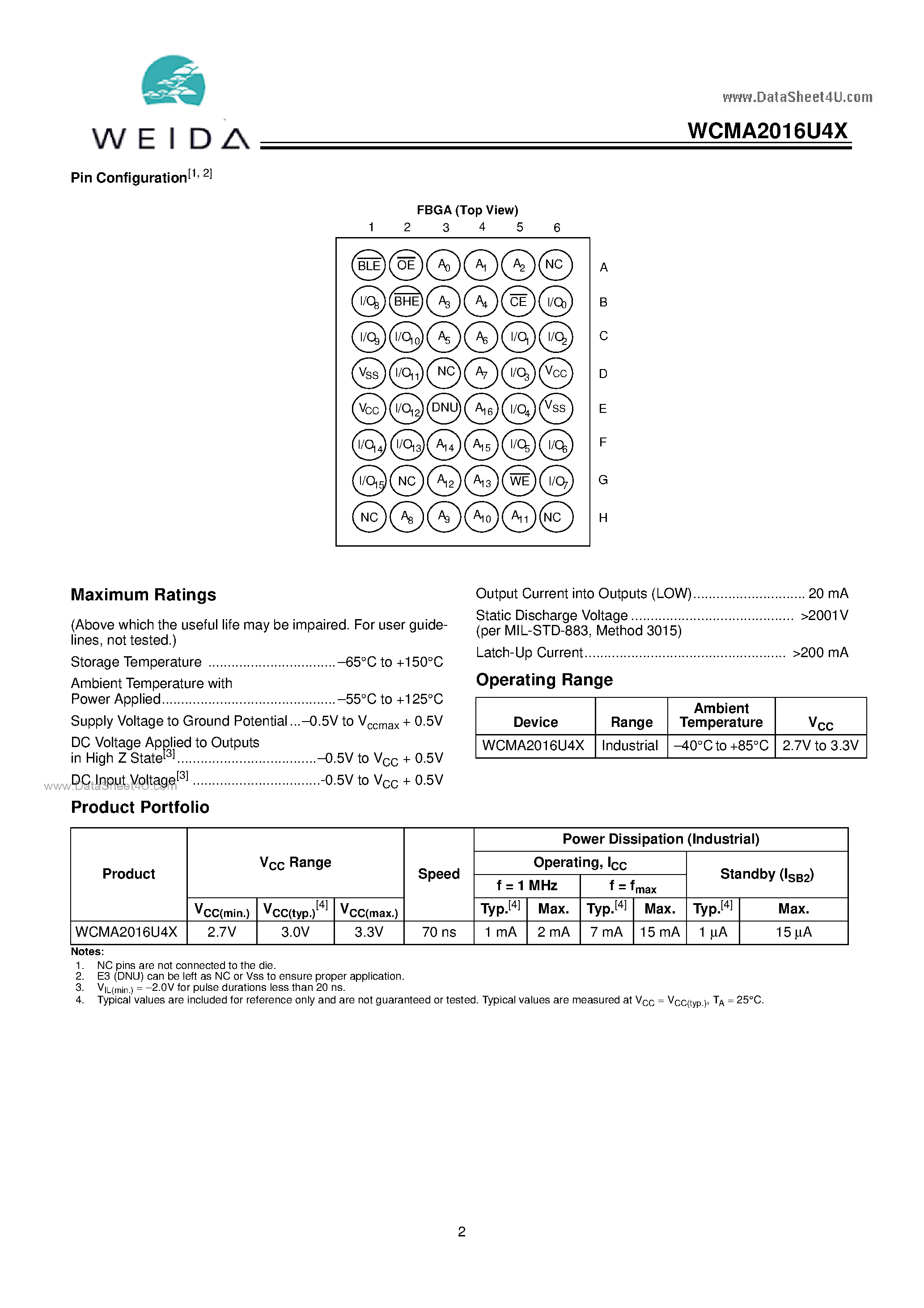 Datasheet WCMA2016U4X page 2 Datasheet WCMA2016U4X - 128K x 16 STATIC page 2