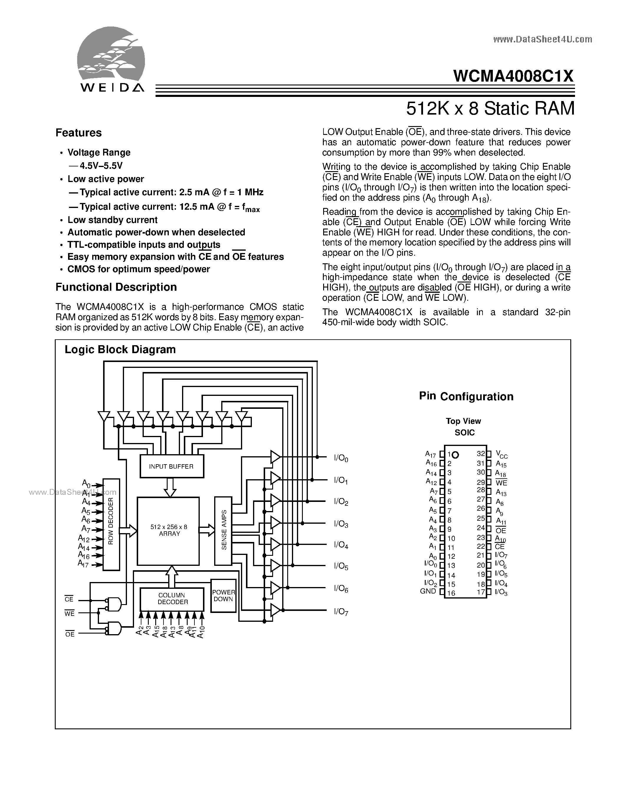 Datasheet WCMA4008C1X page 1 Datasheet WCMA4008C1X - 512K x 8 Static RAM page 1