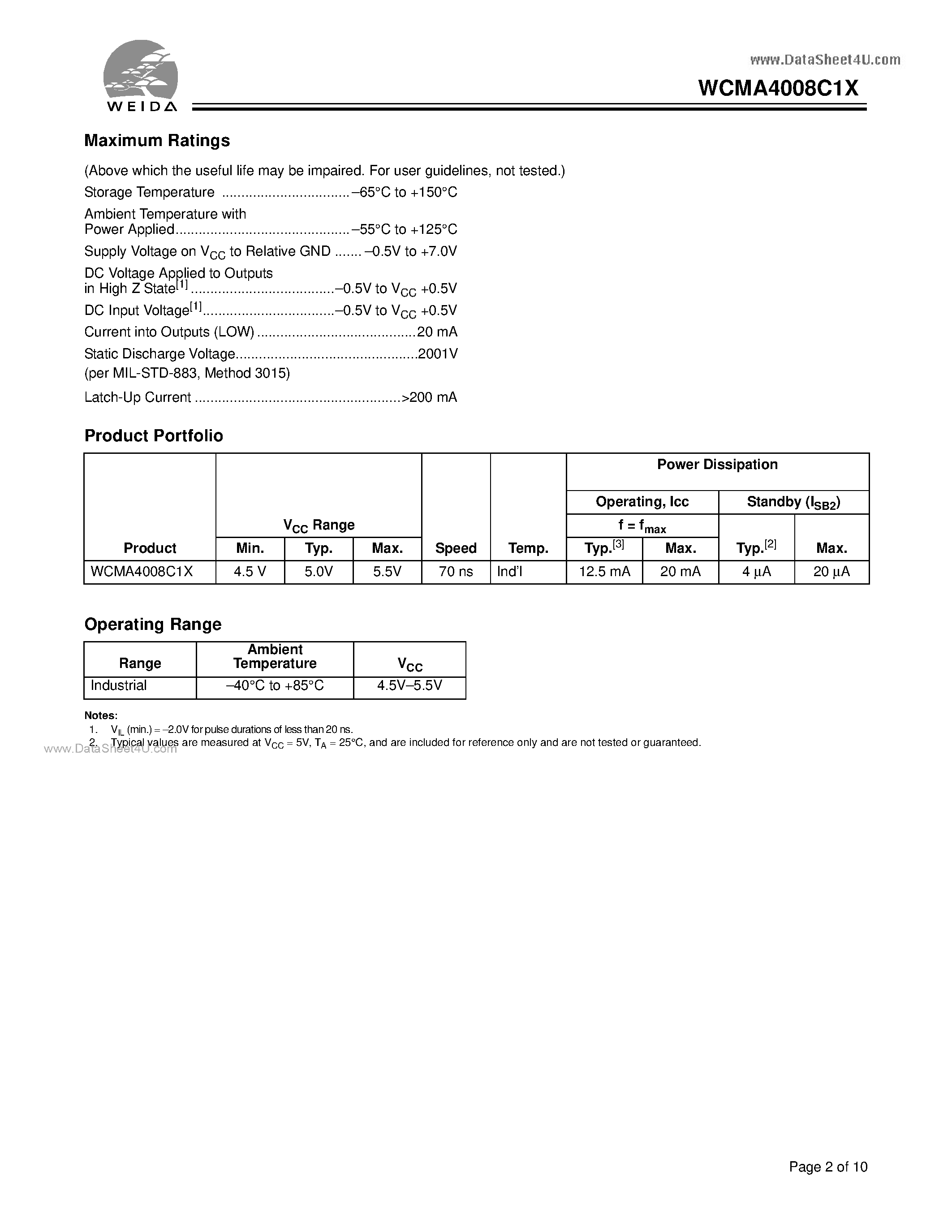 Datasheet WCMA4008C1X page 2 Datasheet WCMA4008C1X - 512K x 8 Static RAM page 2