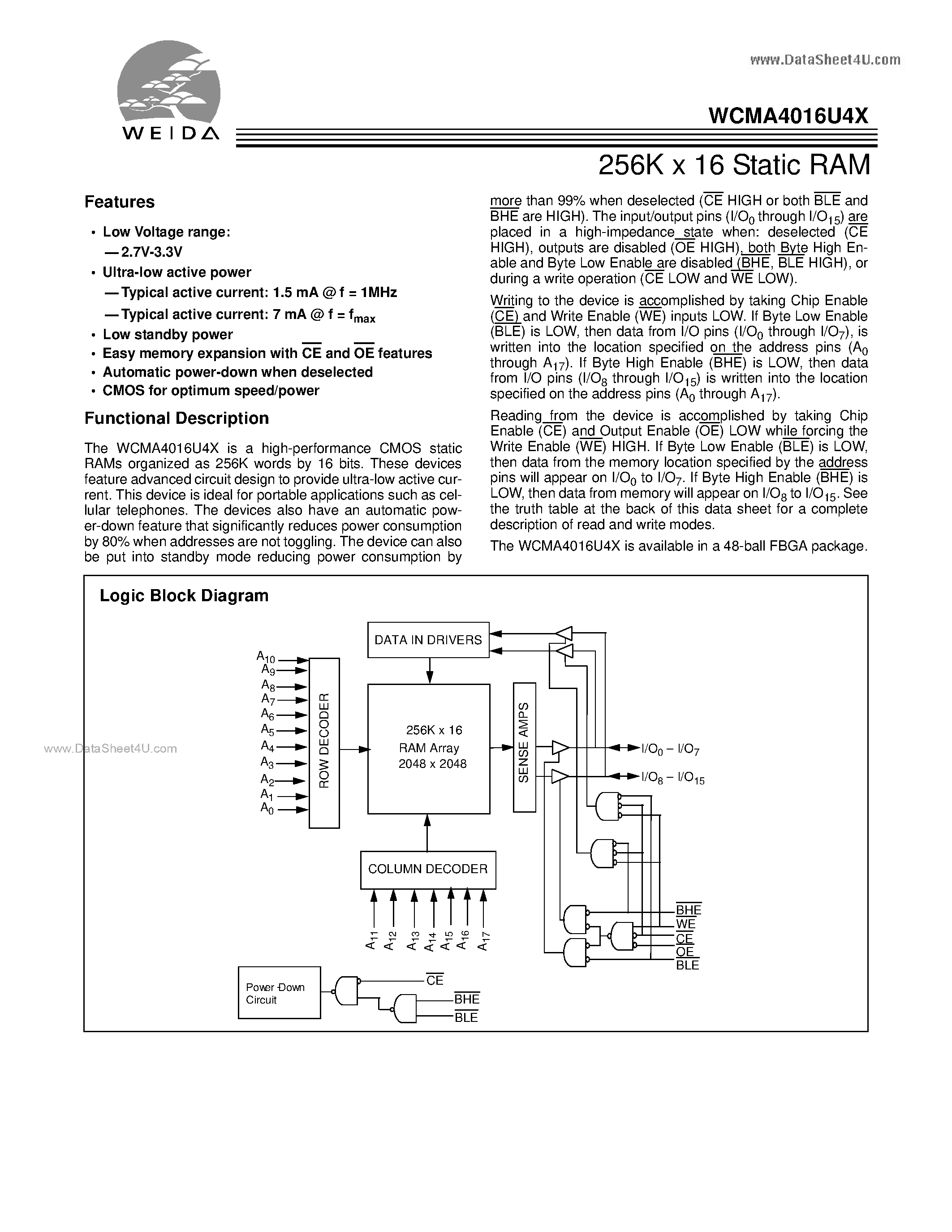 Даташит на микросхему WCMA4016U4X страница 1 Даташит WCMA4016U4X - 256K x 16 Static RAM страница 1