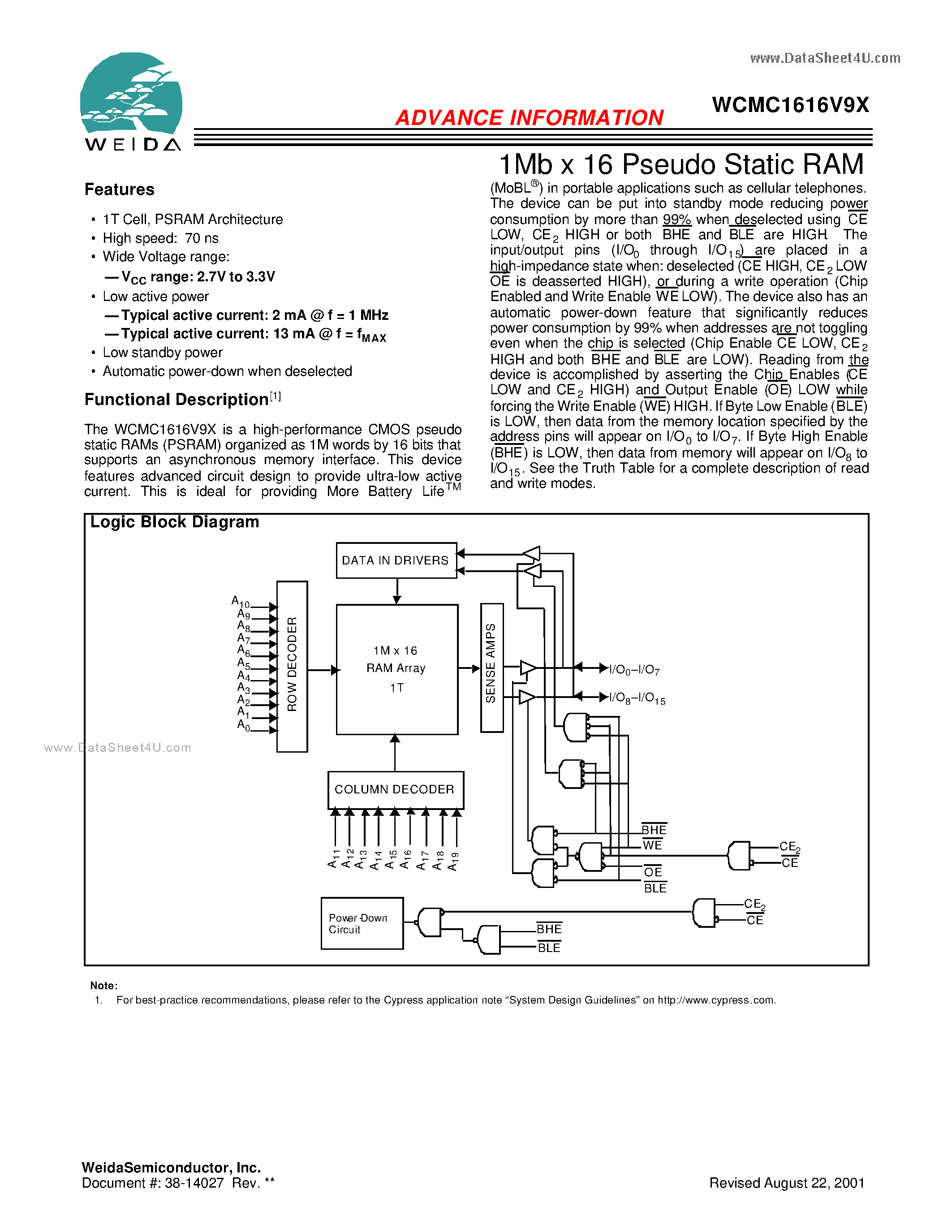 Datasheet WCMC1616V9X - 1Mb x 16 Pseudo Static RAM page 1