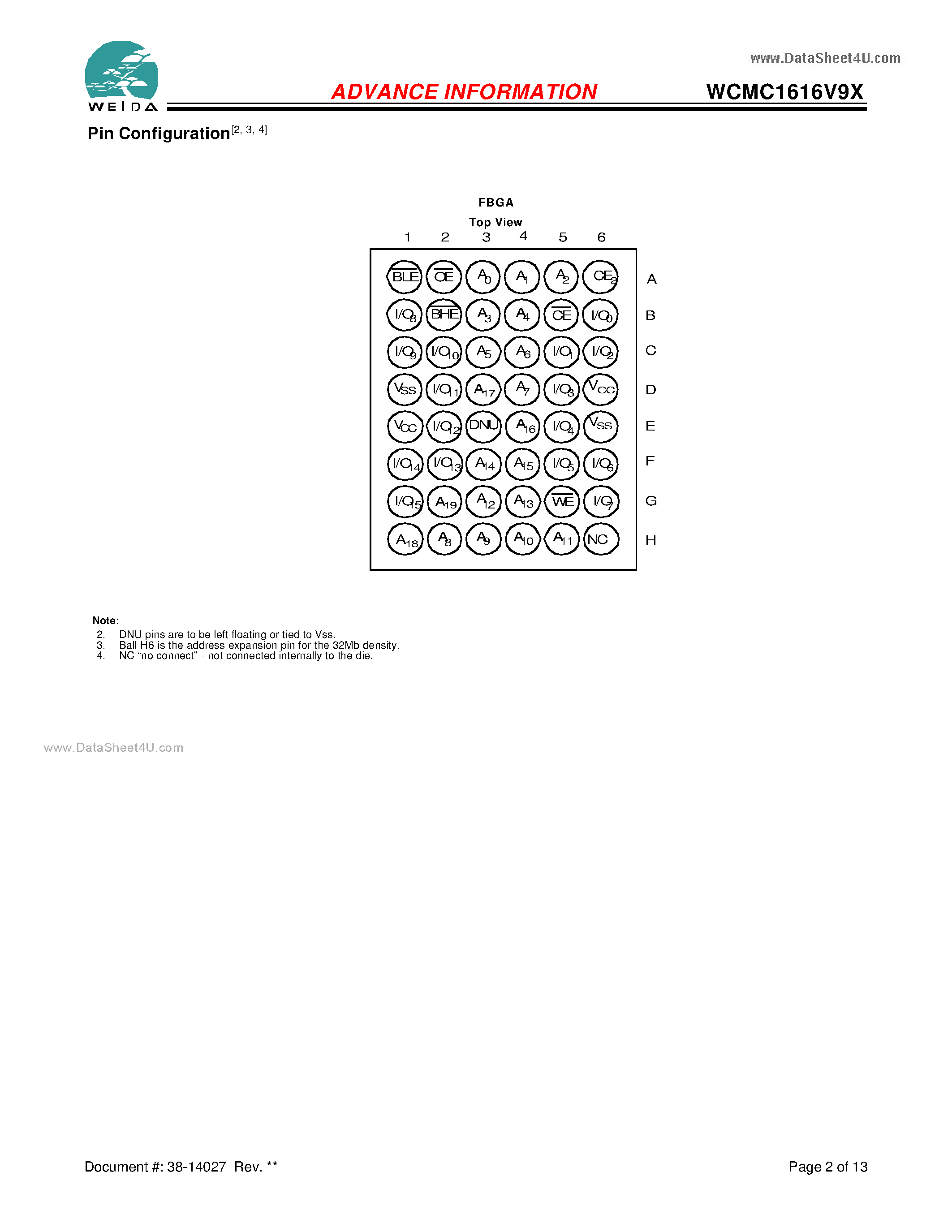 Datasheet WCMC1616V9X - 1Mb x 16 Pseudo Static RAM page 2