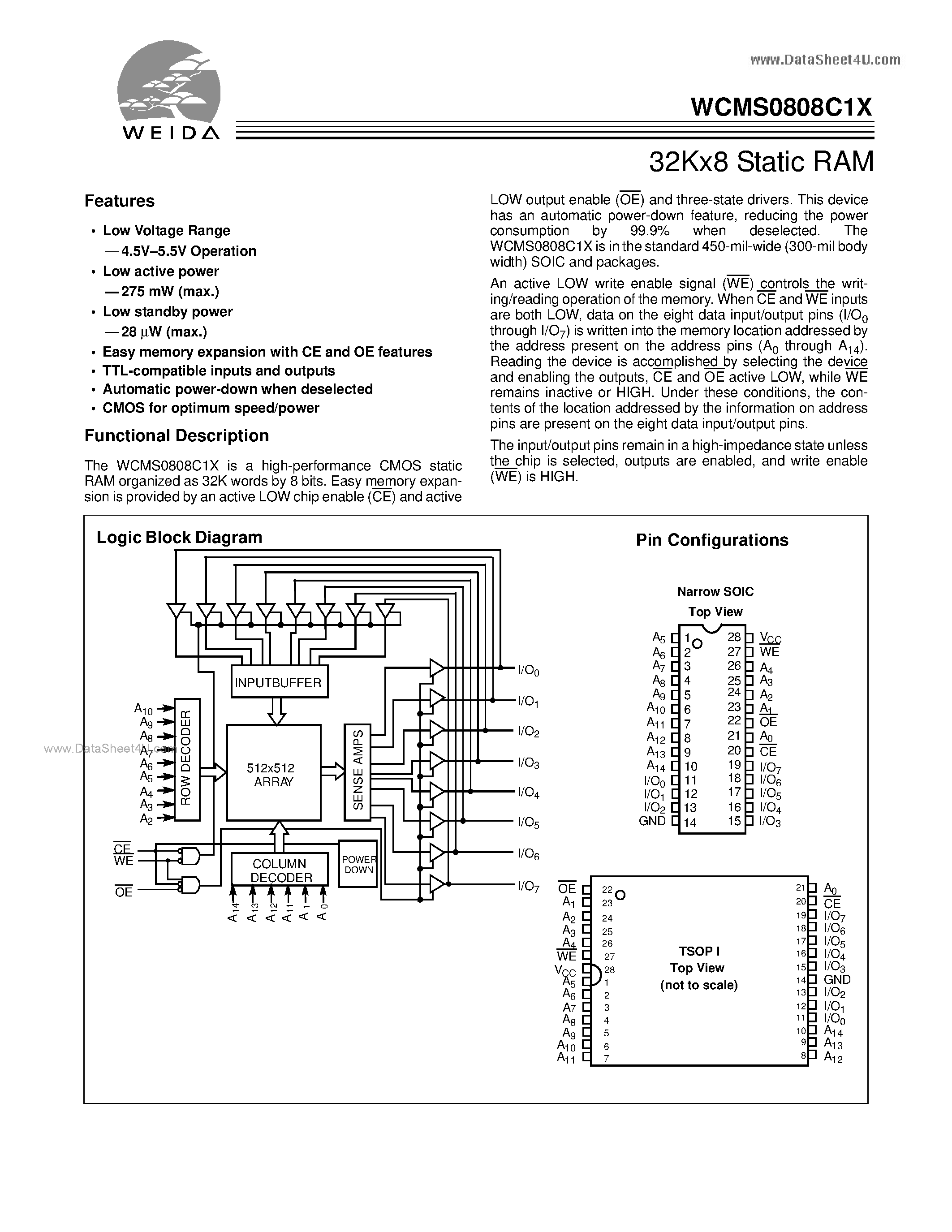 Datasheet WCMS0808C1X page 1 Datasheet WCMS0808C1X - 32Kx8 Static RAM page 1