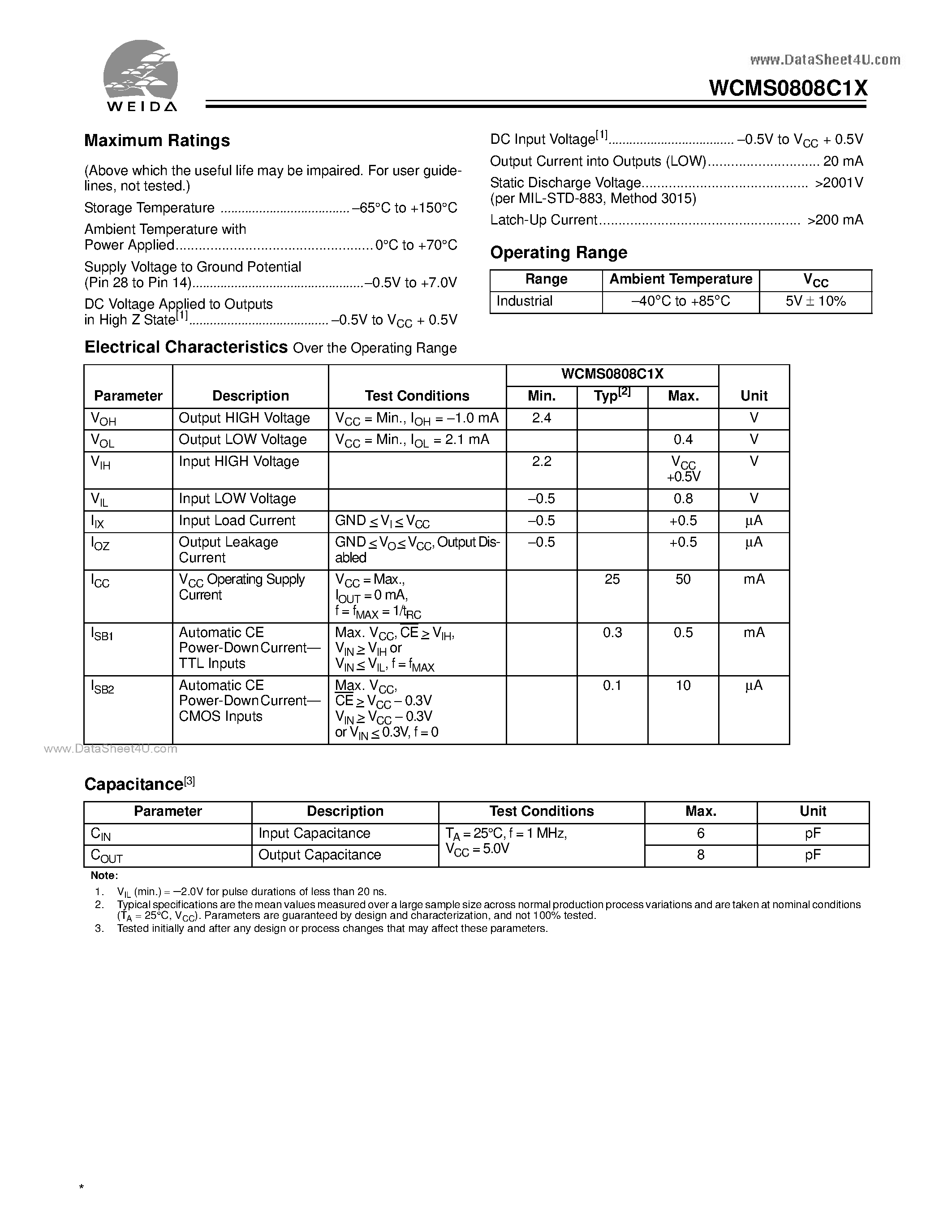 Datasheet WCMS0808C1X page 2 Datasheet WCMS0808C1X - 32Kx8 Static RAM page 2