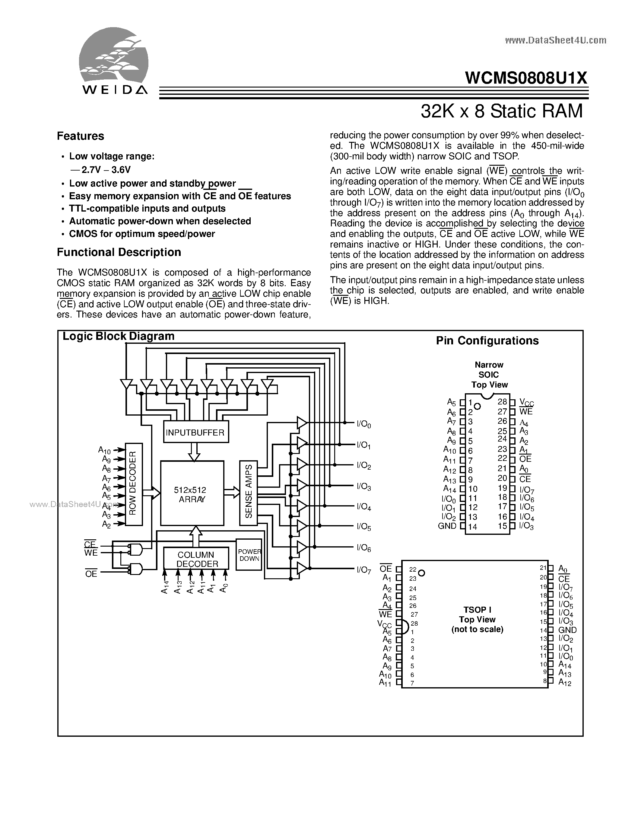 Datasheet WCMS0808U1X page 1 Datasheet WCMS0808U1X - 32K x 8 Static RAM page 1