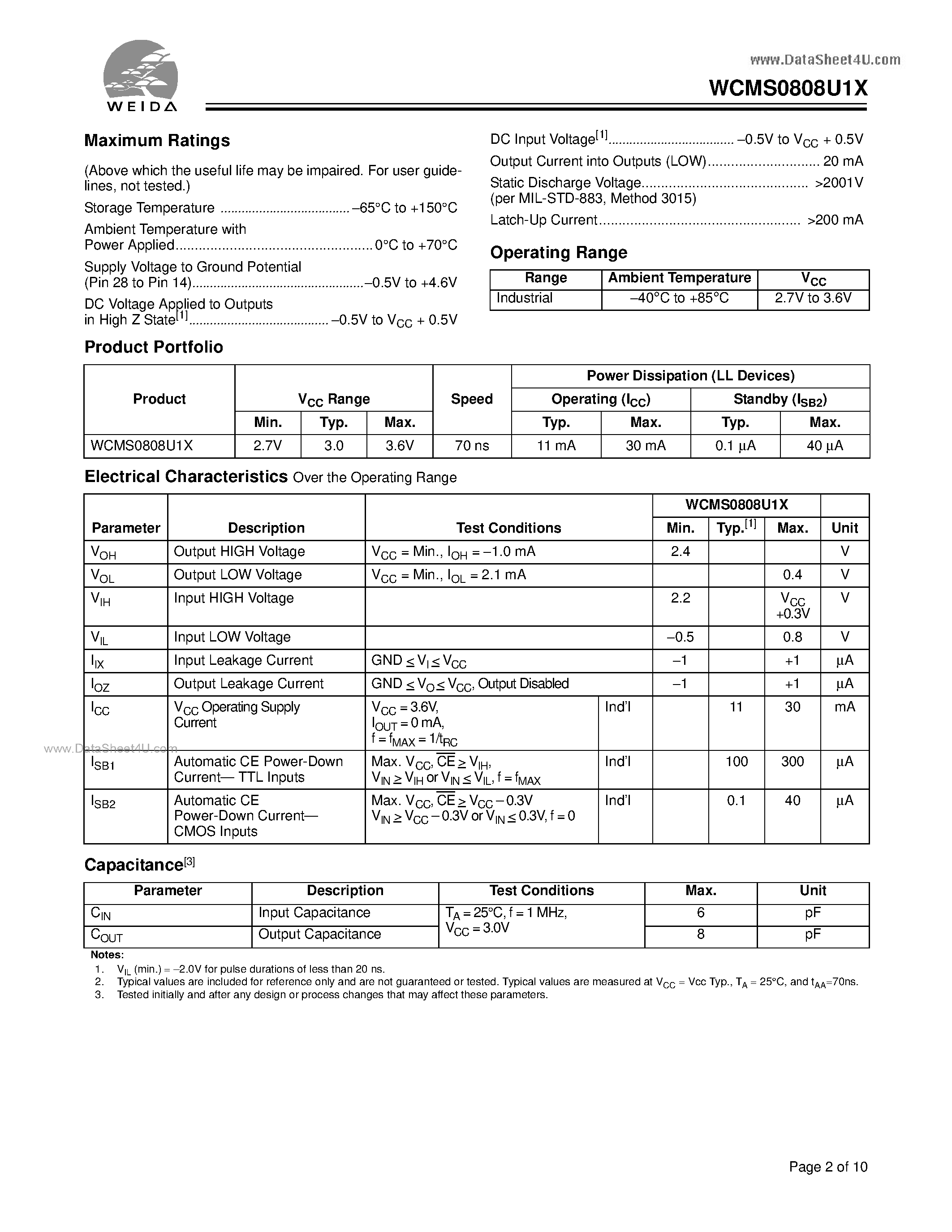 Datasheet WCMS0808U1X page 2 Datasheet WCMS0808U1X - 32K x 8 Static RAM page 2