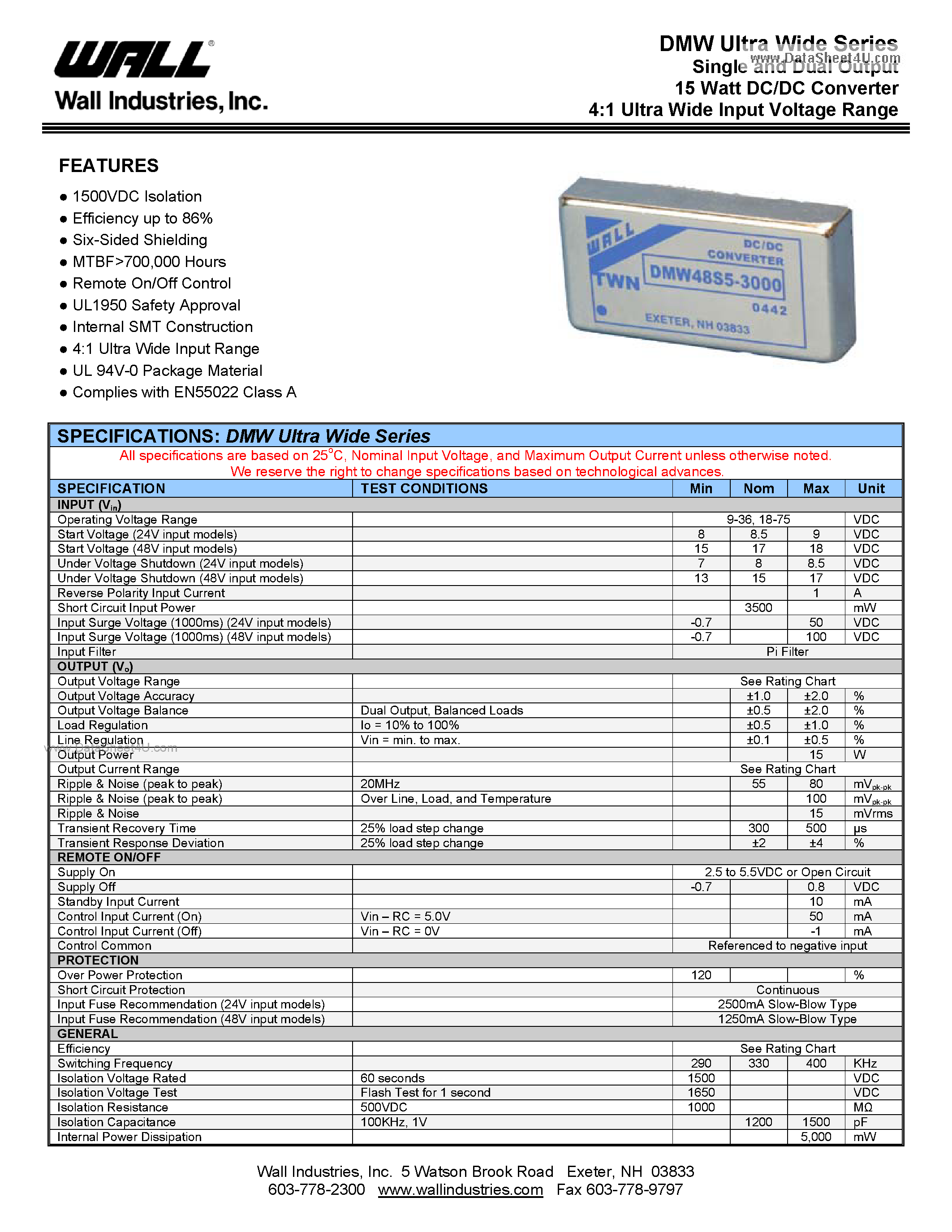 Datasheet DMW24D12-625 - Single and Dual Output 15 Watt DC/DC Converter 4:1 Ultra Wide Input Voltage Range page 1