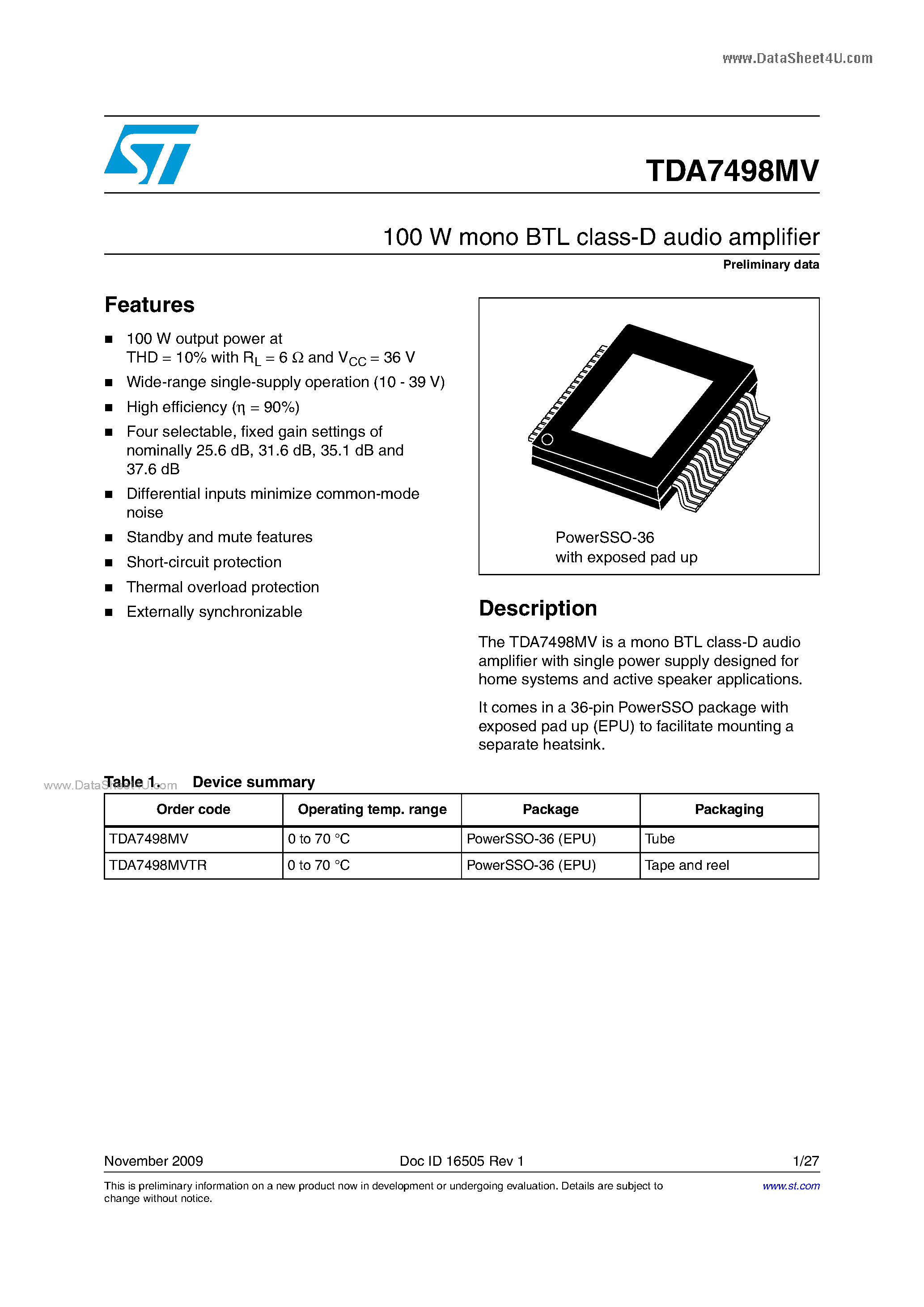 Datasheet TDA7498MV - Class-D Audio Power Amplifiers page 1