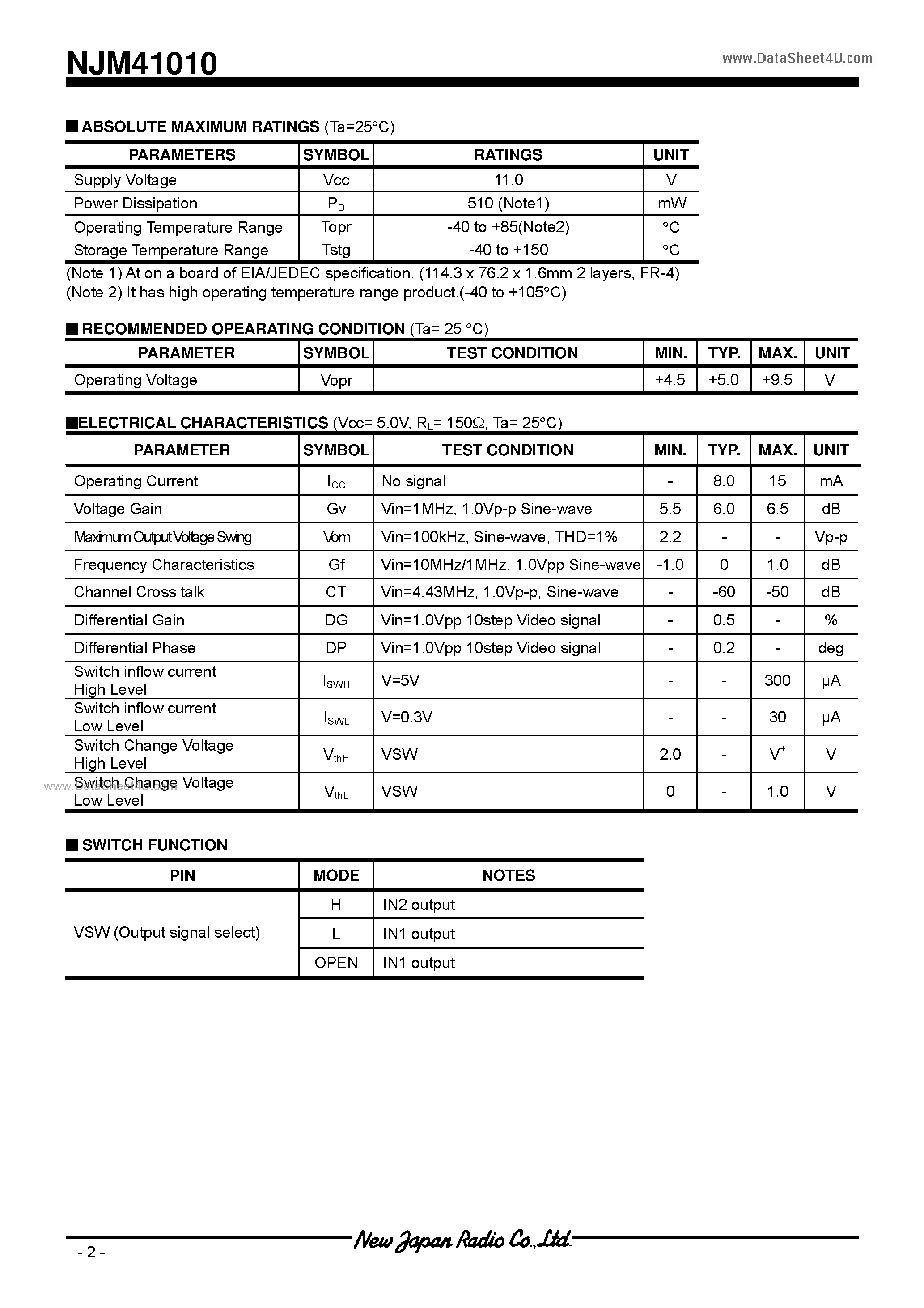 Datasheet NJM41010 - 2-Input 1-Output Video Driver page 2