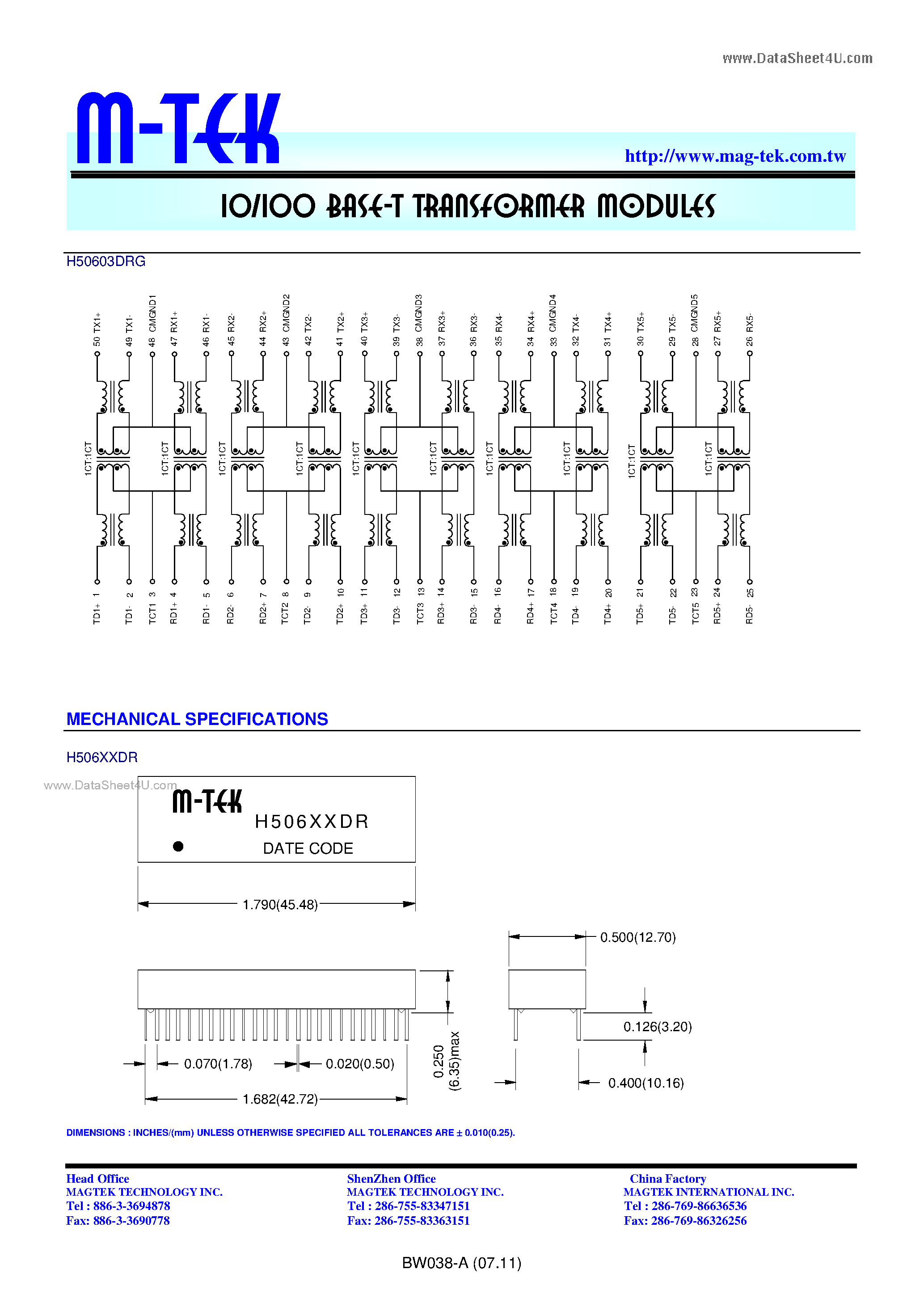 Datasheet H50601DR - (H50601DR - H50603DR) 10/100 BASE-T TRANSFORMER MODULES page 2