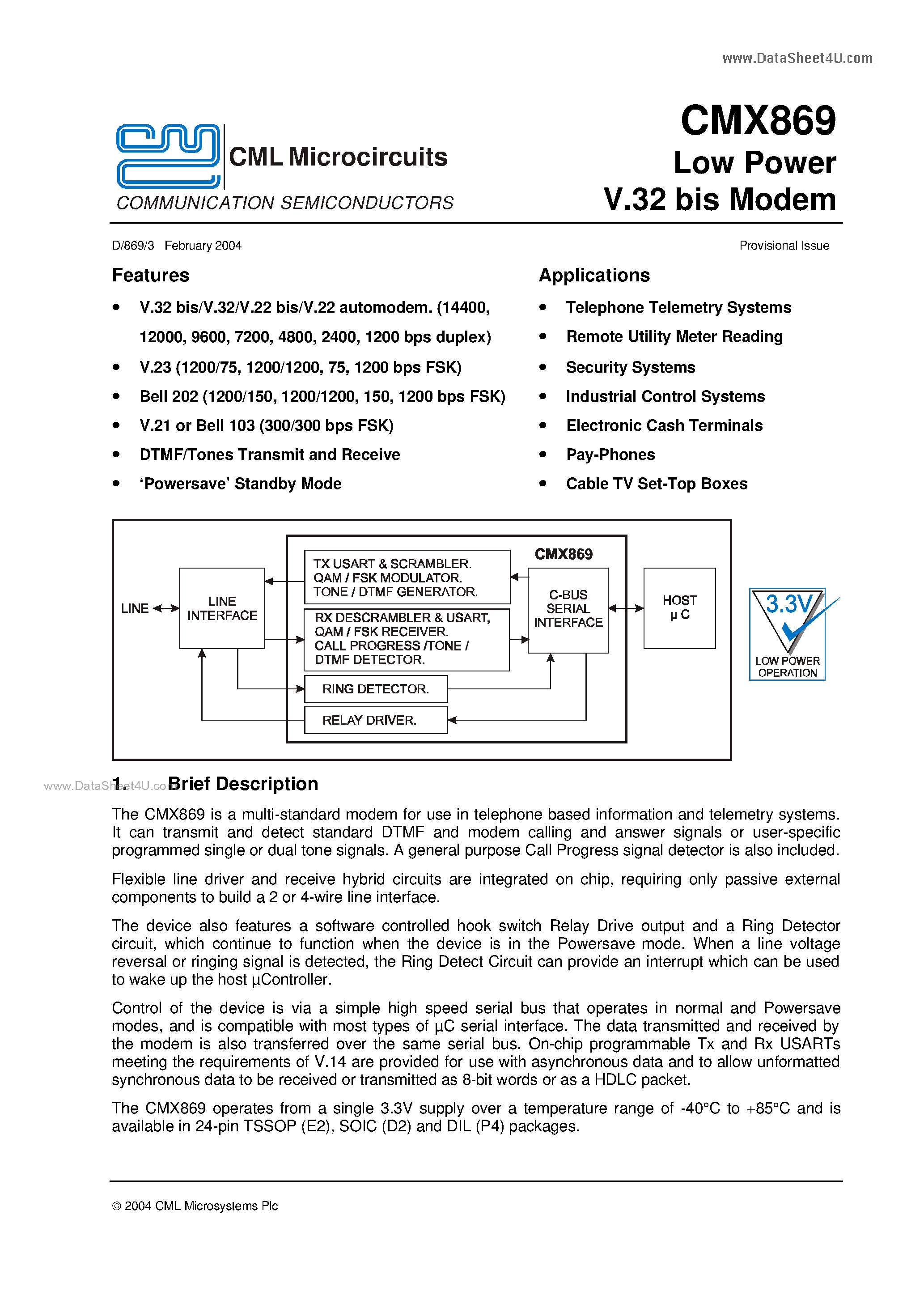 Datasheet CMX869 - Low Power V.32 bis Modem page 1