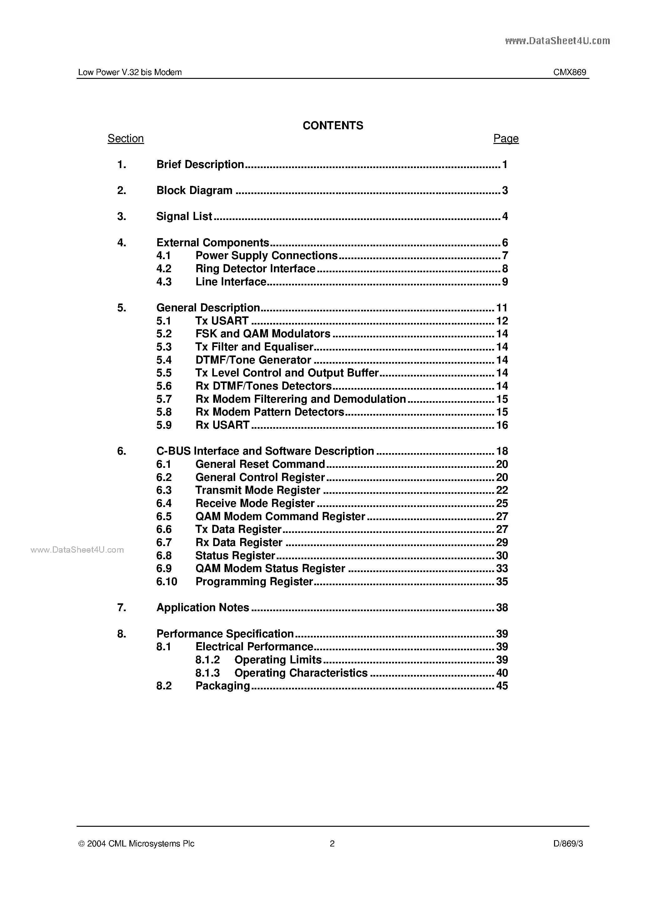 Datasheet CMX869 - Low Power V.32 bis Modem page 2
