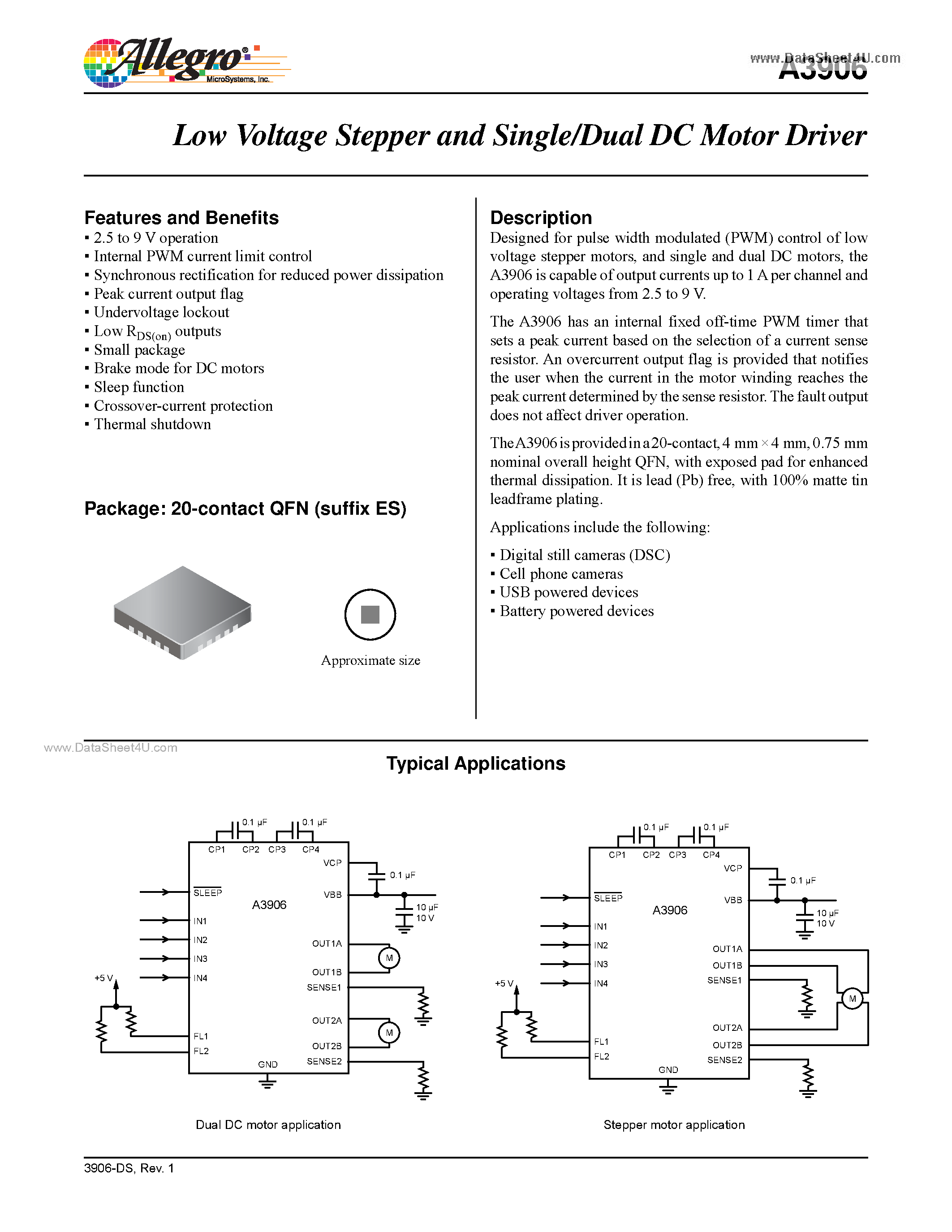 Даташит A3906 - Low Voltage Stepper and Single/Dual DC Motor Driver страница 1