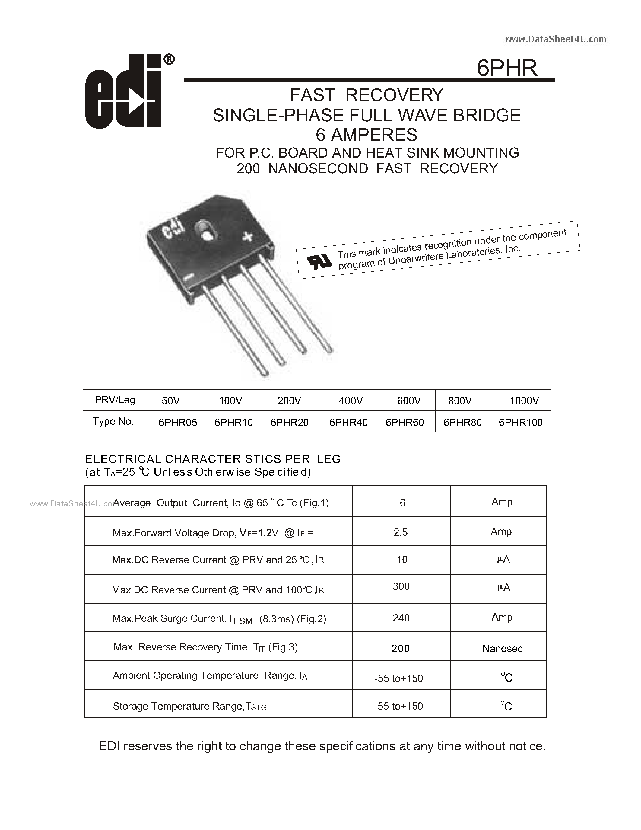 Datasheet 6PHR - FAST RECOVERY SINGLE-PHASE FULL WAVE BRIDGE 6 AMPERES page 1