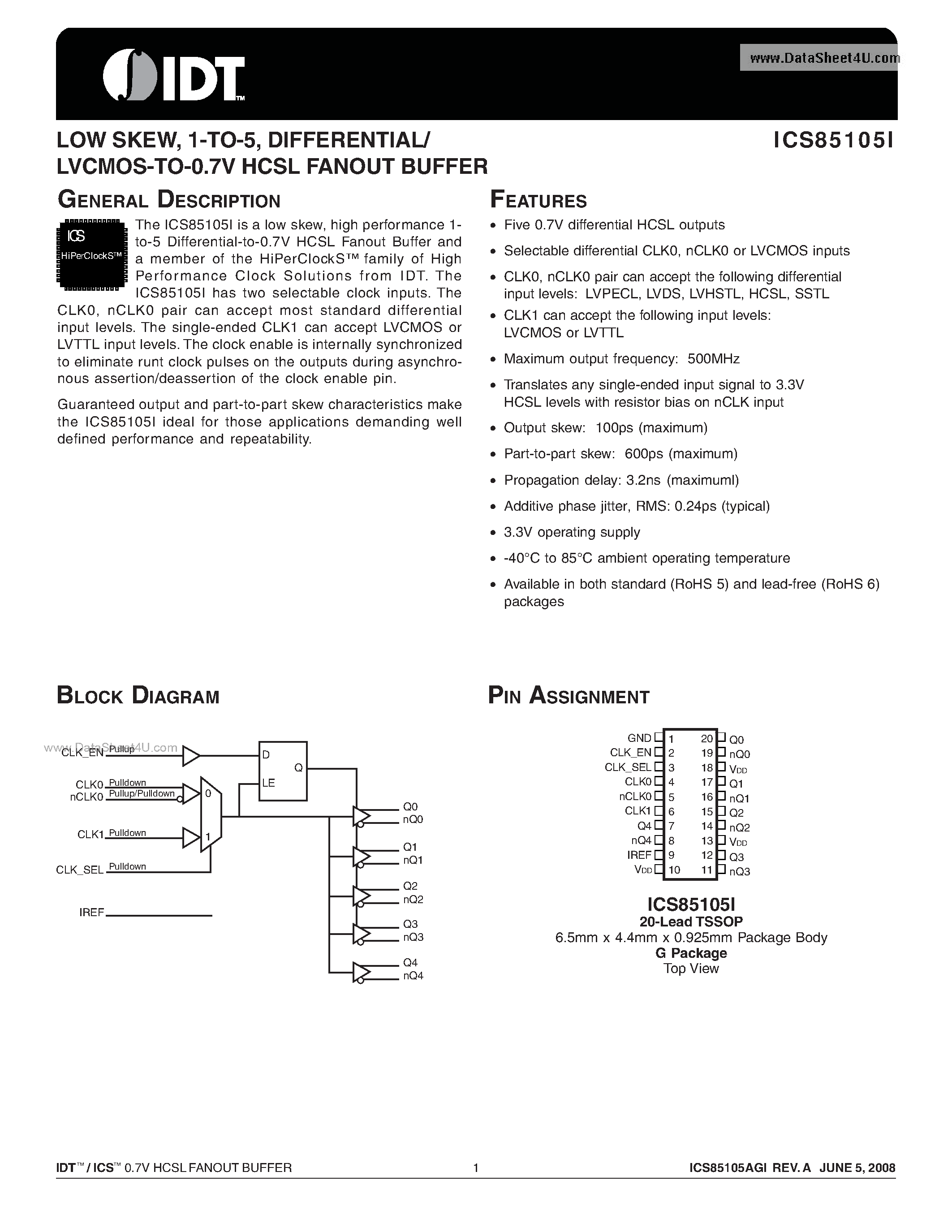 Datasheet ICS85105I page 1 Datasheet ICS85105I - DIFFERENTIAL/LVCMOS-TO-0.7V HCSL FANOUT BUFFER page 1