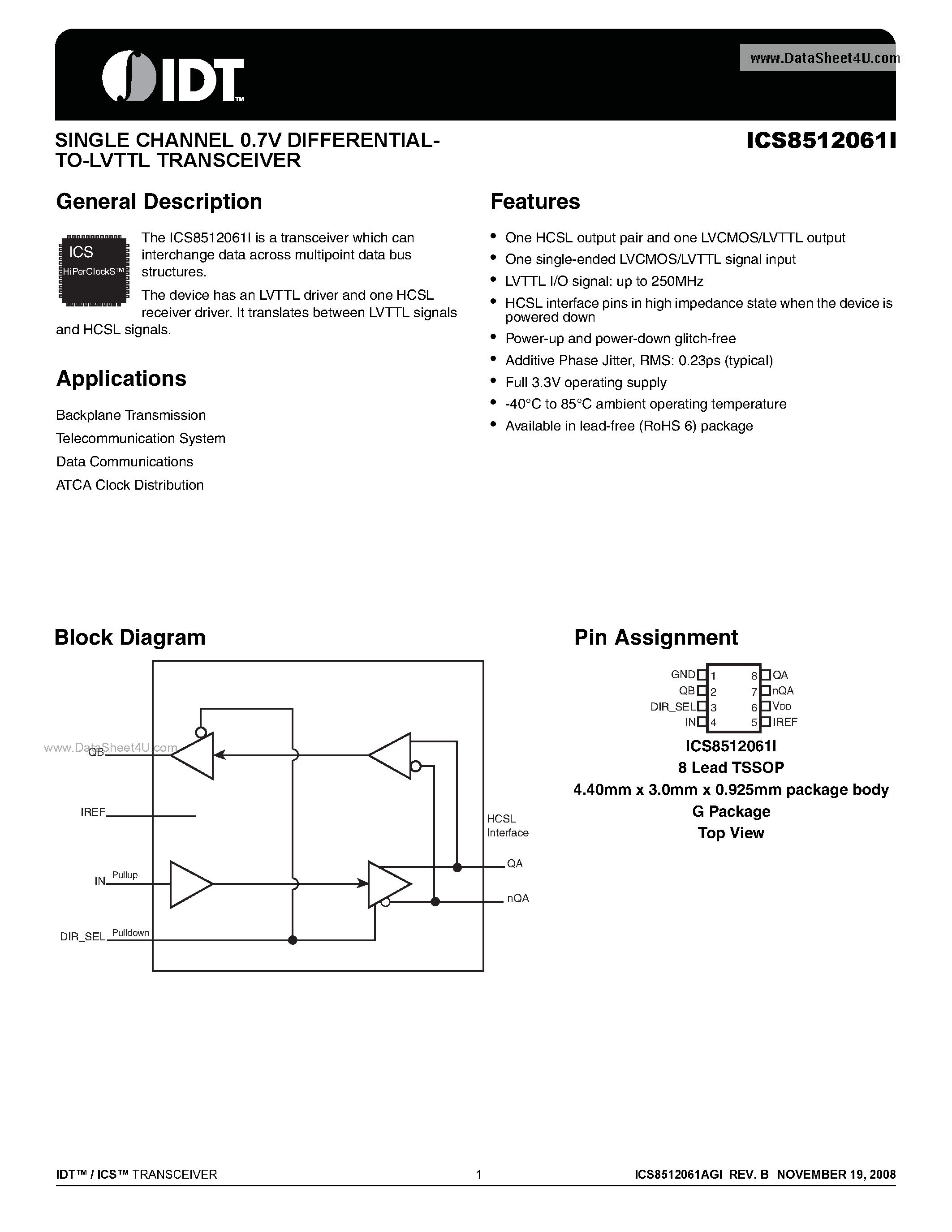 Datasheet ICS8512061I - SINGLE CHANNEL 0.7V DIFFERENTIALTO-LVTTL TRANSCEIVER page 1