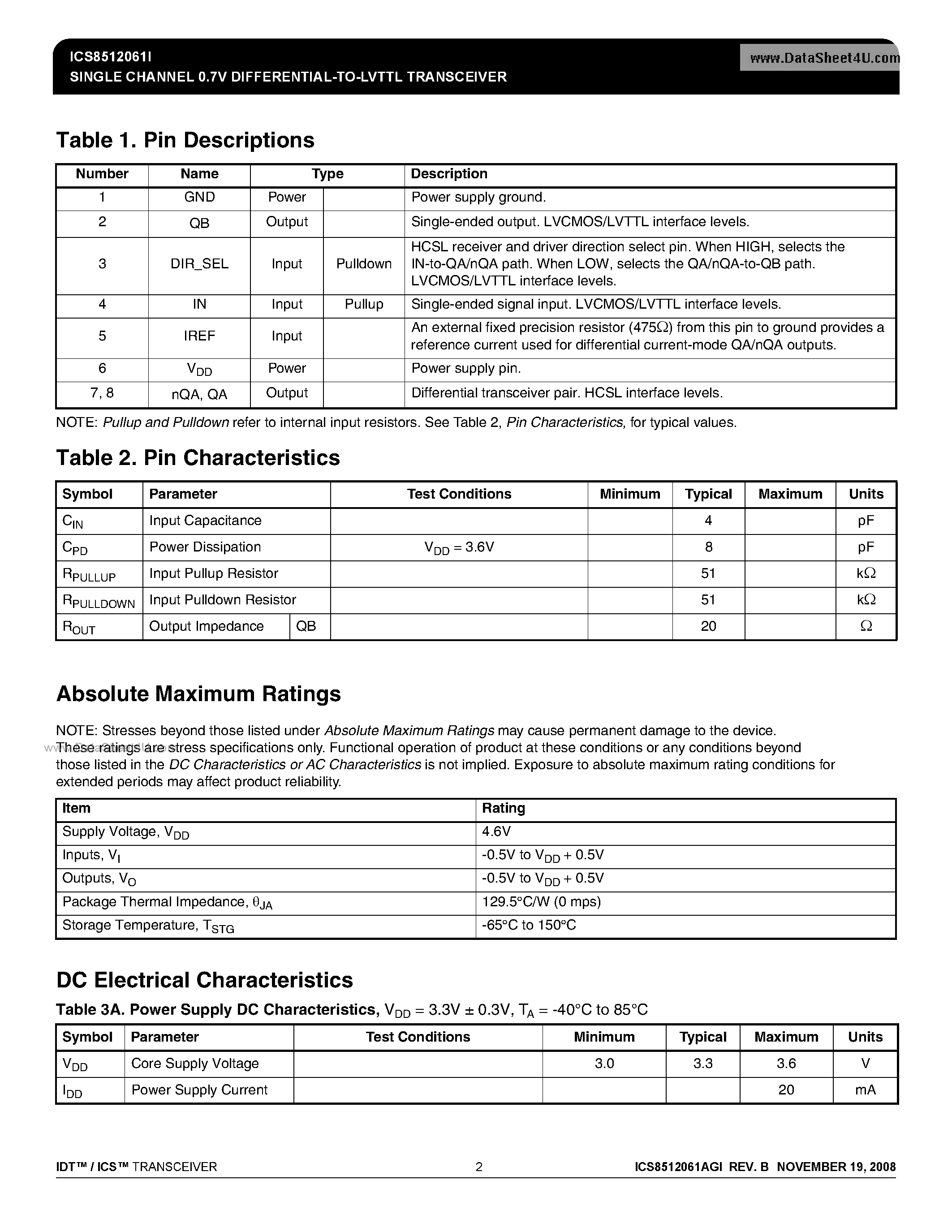 Datasheet ICS8512061I - SINGLE CHANNEL 0.7V DIFFERENTIALTO-LVTTL TRANSCEIVER page 2