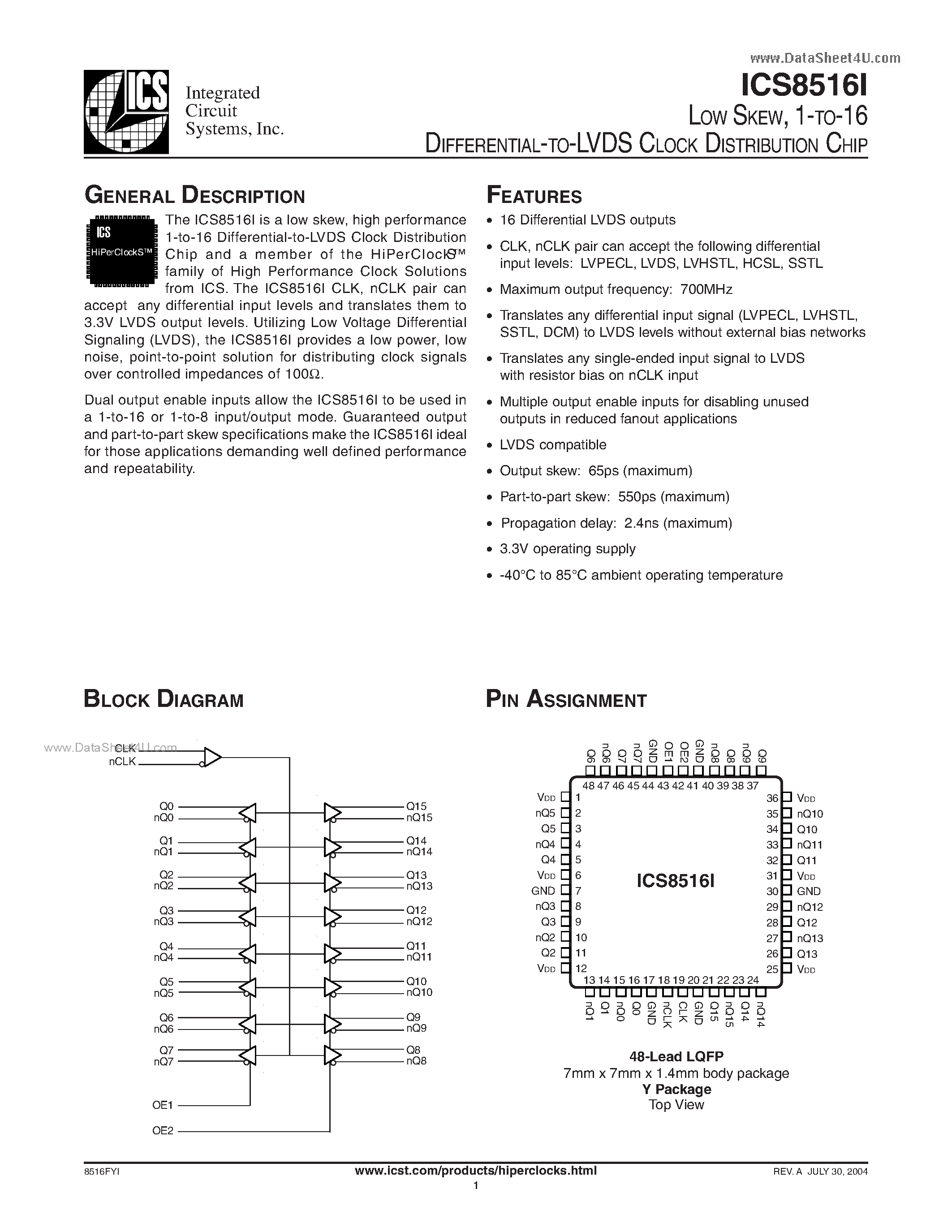 Даташит на микросхему ICS8516I страница 1 Даташит ICS8516I - 1-TO-16 DIFFERENTIAL-TO-LVDS CLOCK DISTRIBUTION CHIP страница 1