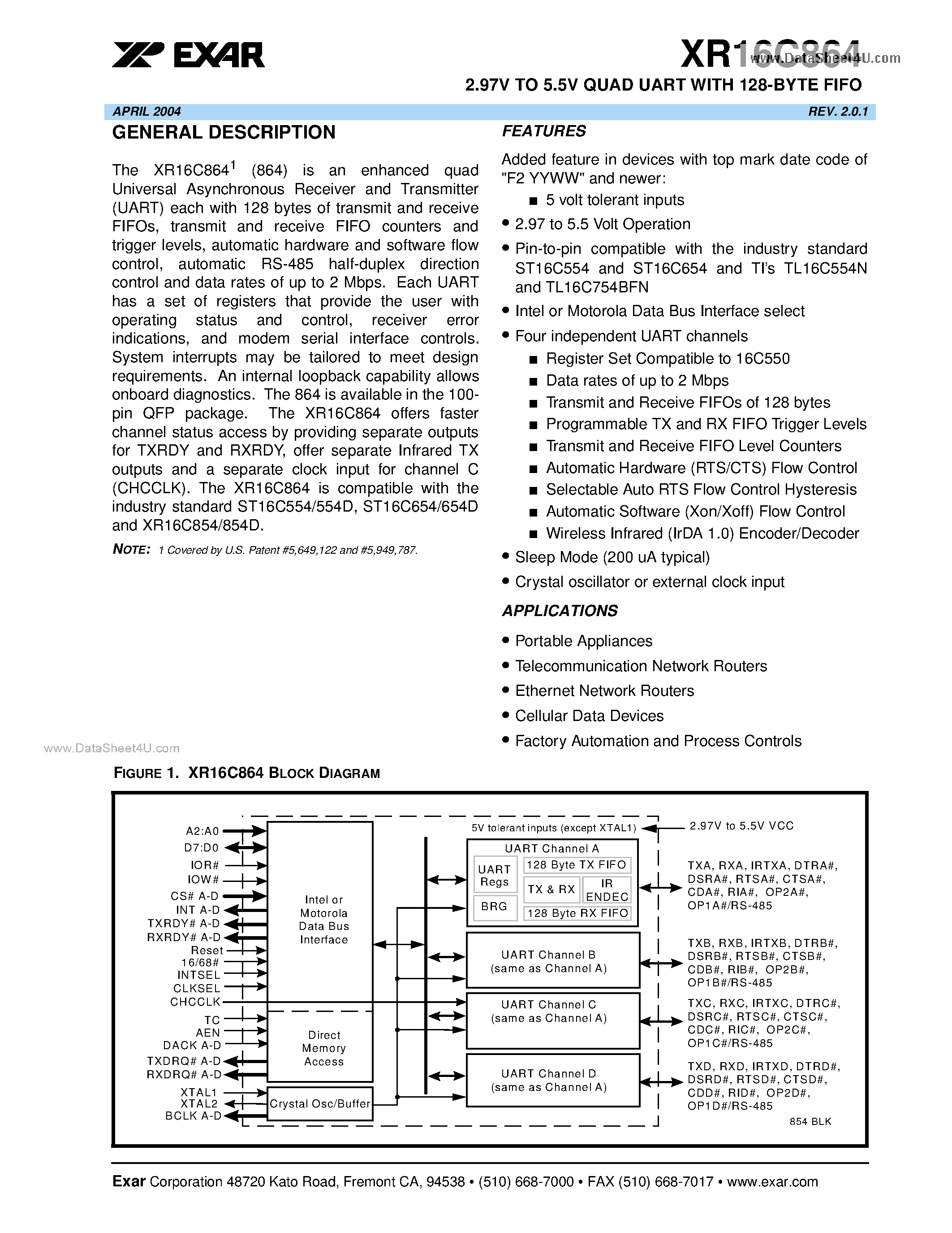 Datasheet XR16C864 page 1 Datasheet XR16C864 - 2.97V TO 5.5V QUAD UART page 1