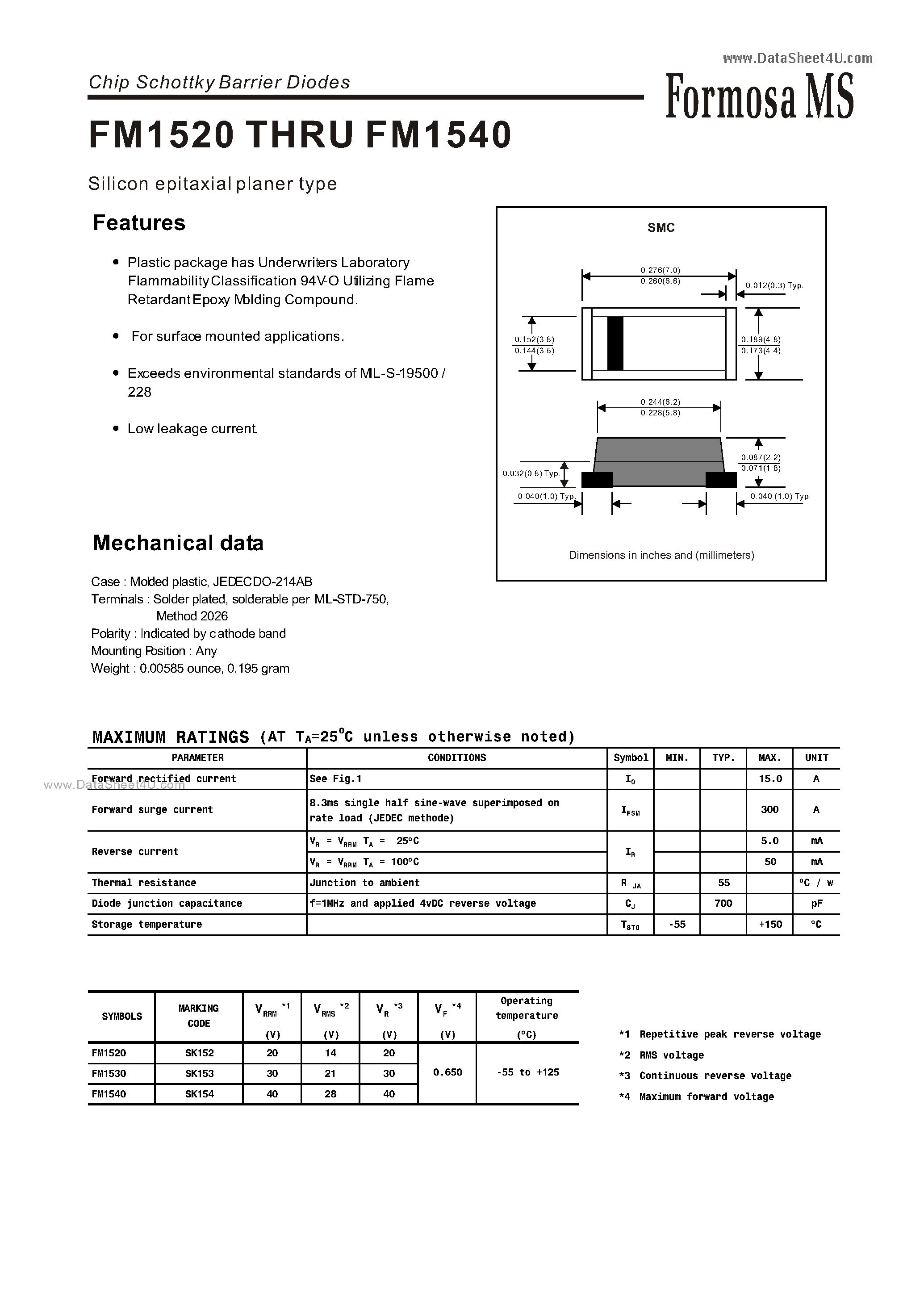 Даташит FM1520 - (FM1520 - FM1540) Chip Schottky Barrier Diodes страница 1