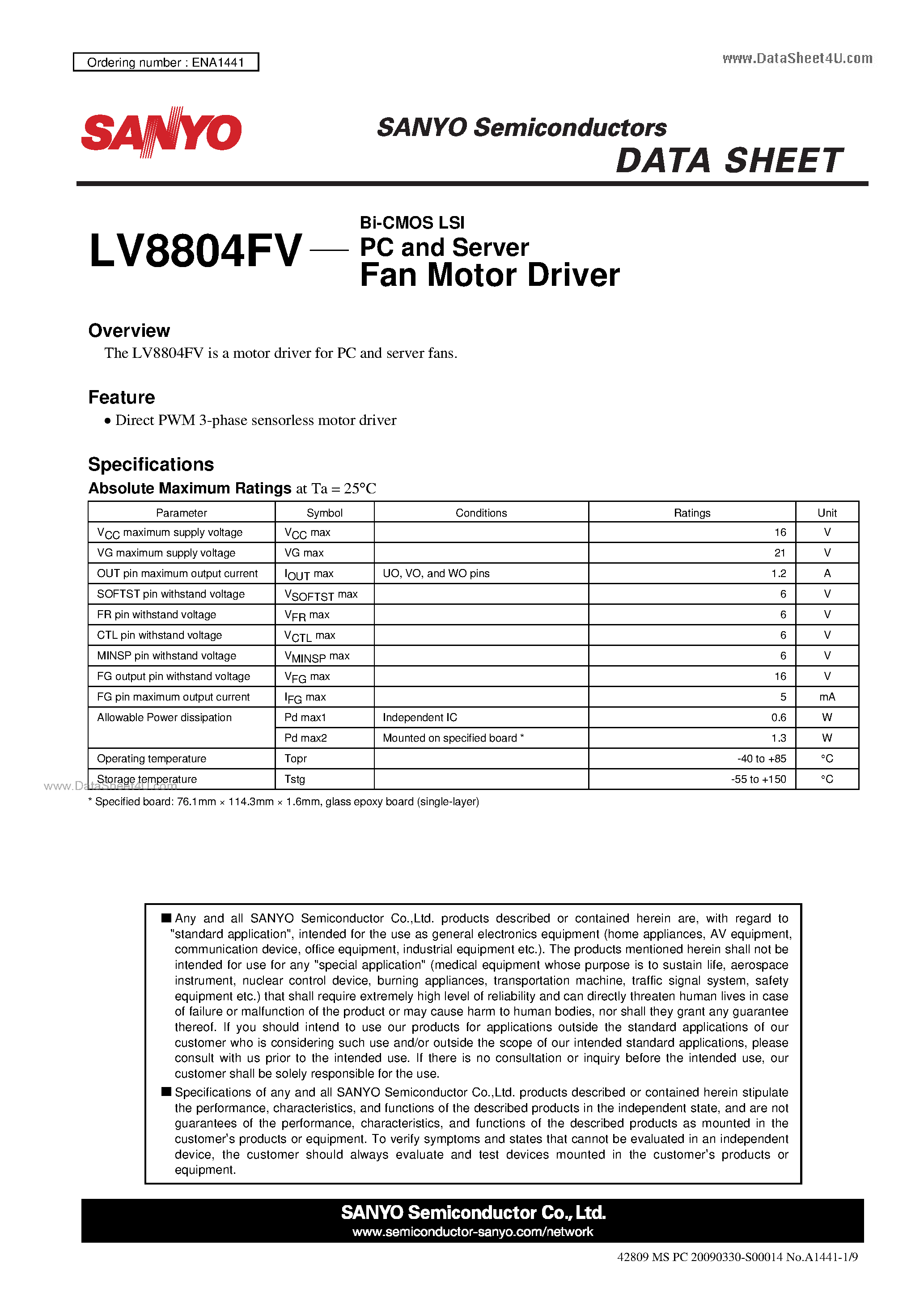 Datasheet LV8804FV page 1 Datasheet LV8804FV - PC and Server Fan Motor Driver page 1