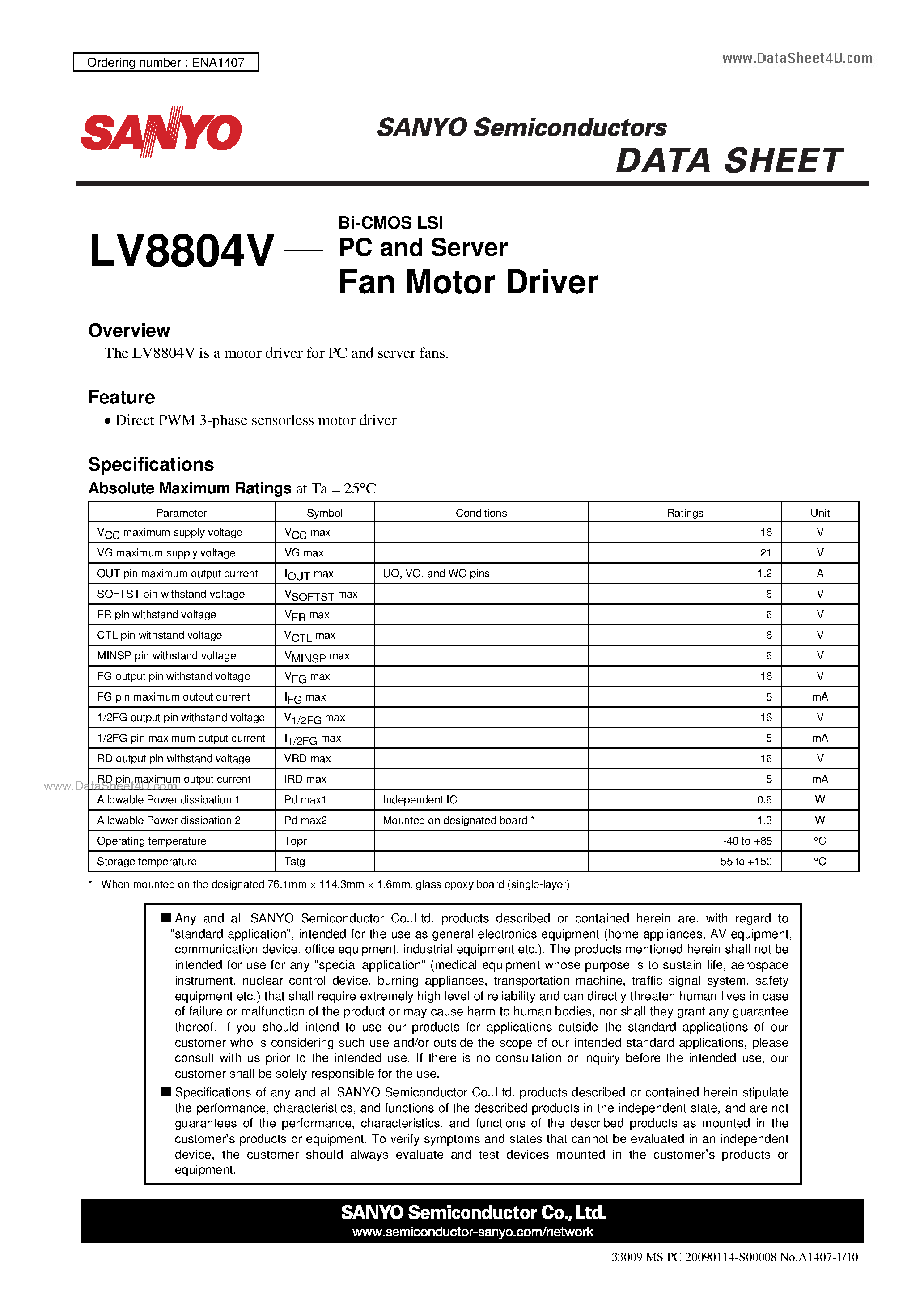 Datasheet LV8804V page 1 Datasheet LV8804V - PC and Server Fan Motor Driver page 1