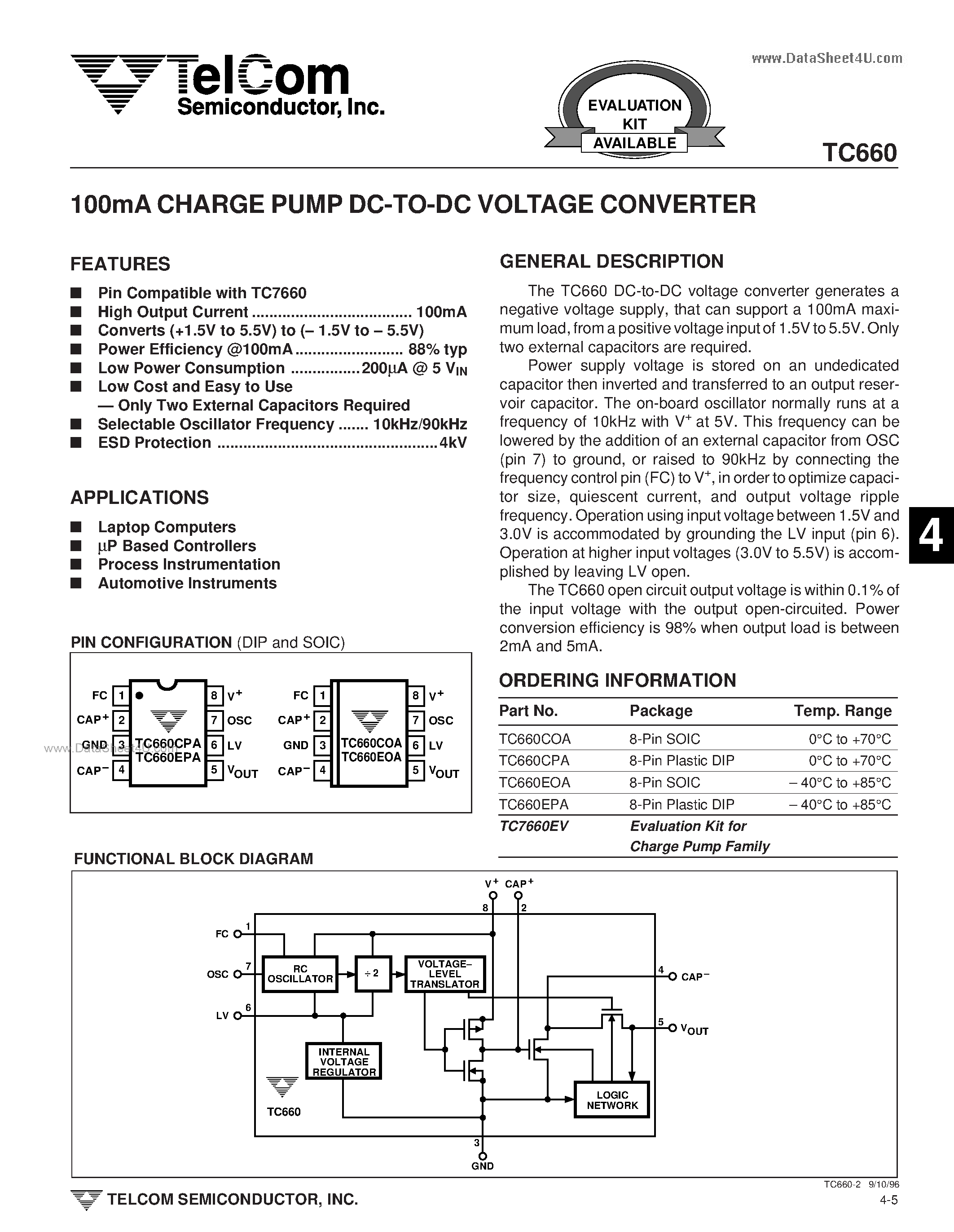 Даташит на микросхему TC660 страница 1 Даташит TC660 - 100mA CHARGE PUMP DC-TO-DC VOLTAGE CONVERTER страница 1