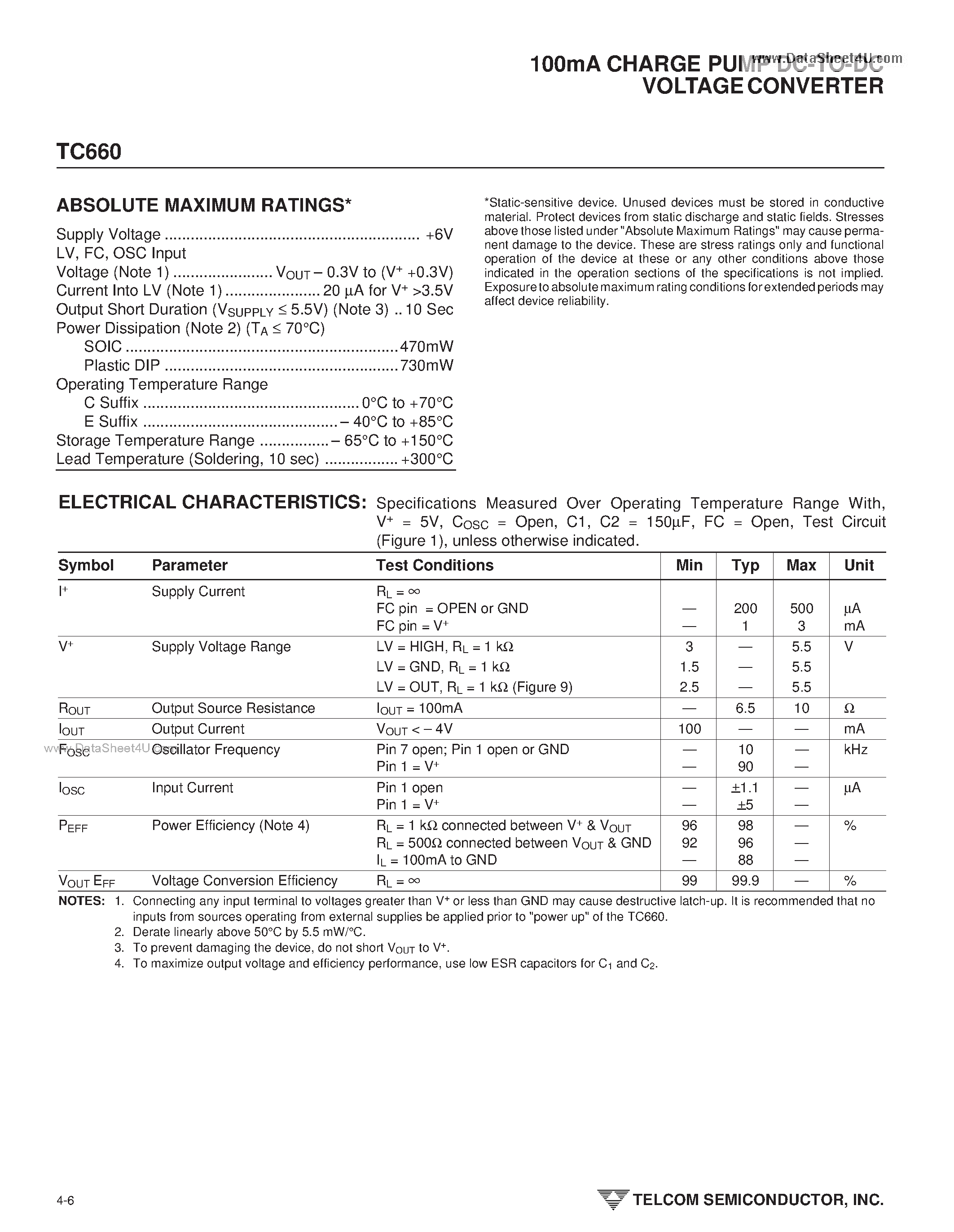 Даташит на микросхему TC660 страница 2 Даташит TC660 - 100mA CHARGE PUMP DC-TO-DC VOLTAGE CONVERTER страница 2