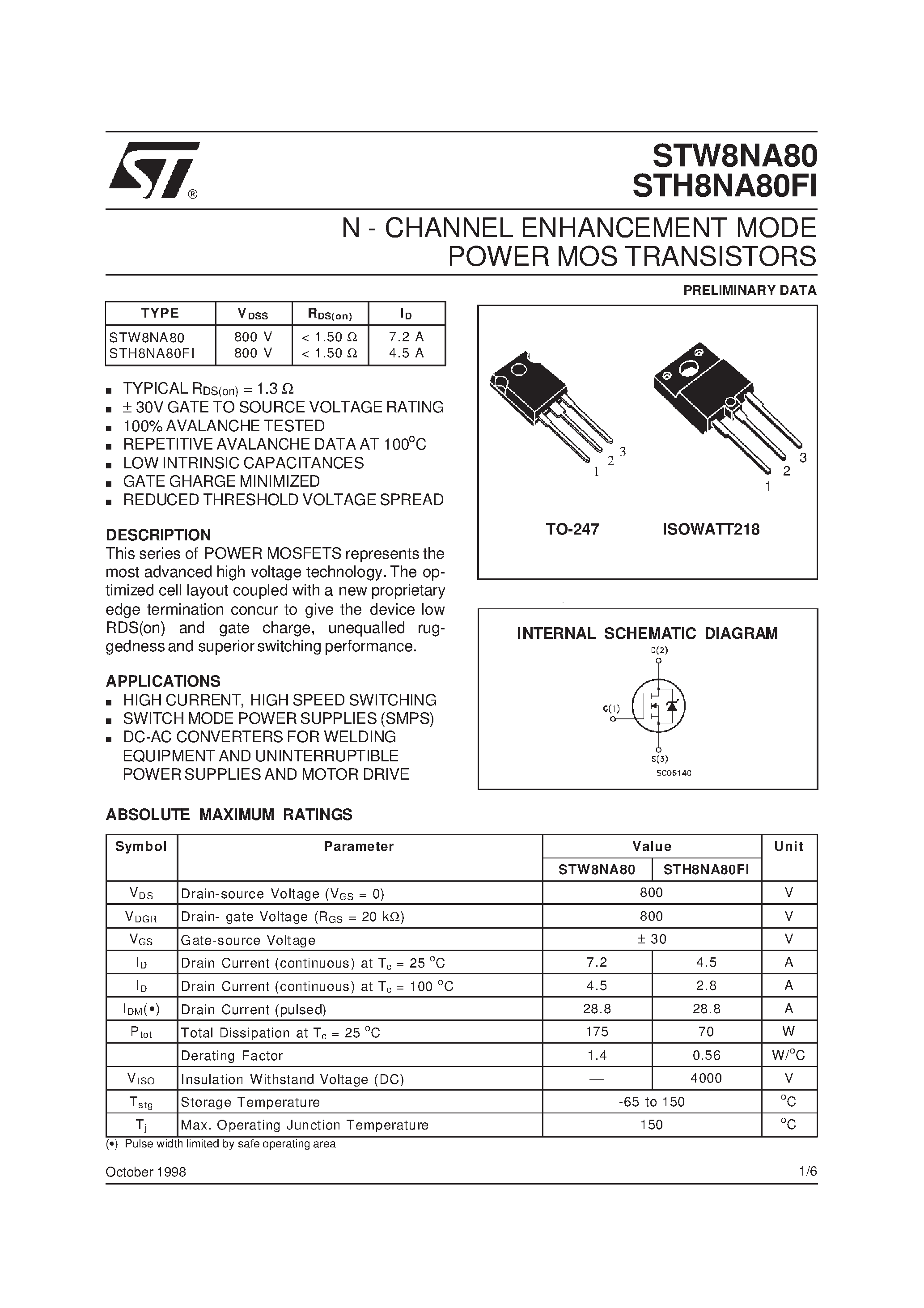Datasheet STH8NA80 - N - CHANNEL ENHANCEMENT MODE POWER MOS TRANSISTORS page 1
