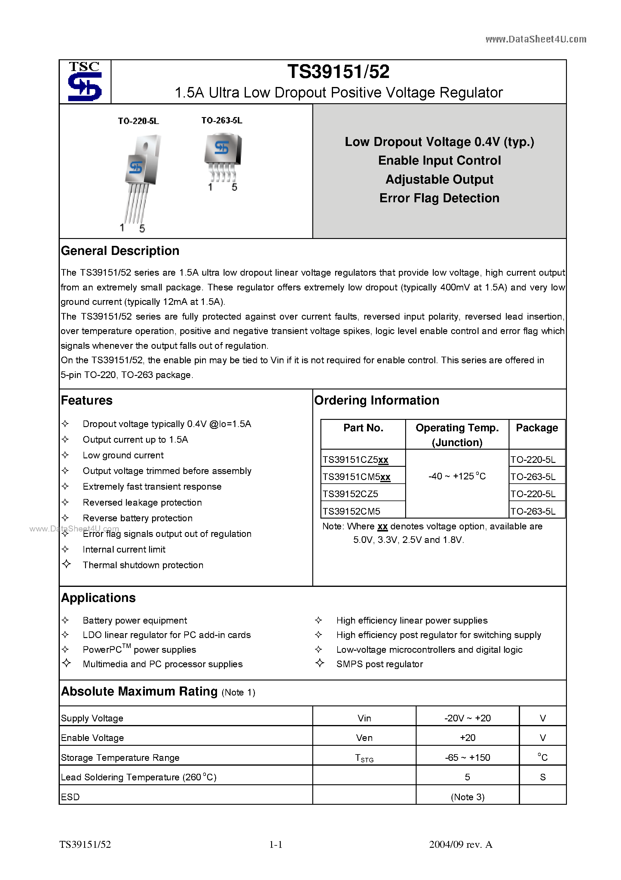 Даташит на микросхему TS39151 страница 1 Даташит TS39151 - (TS39151 / TS39152) 1.5A Ultra Low Dropout Positive Voltage Regulator страница 1