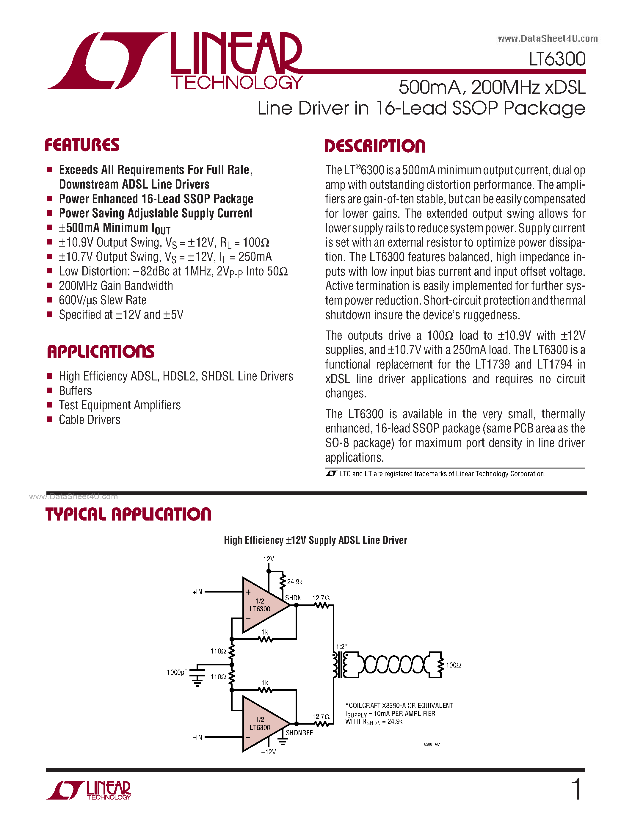 Даташит LT6300 - 200MHz X DSL LINE DRIVER IN 16-LEAD SSOP PACKAGE страница 1