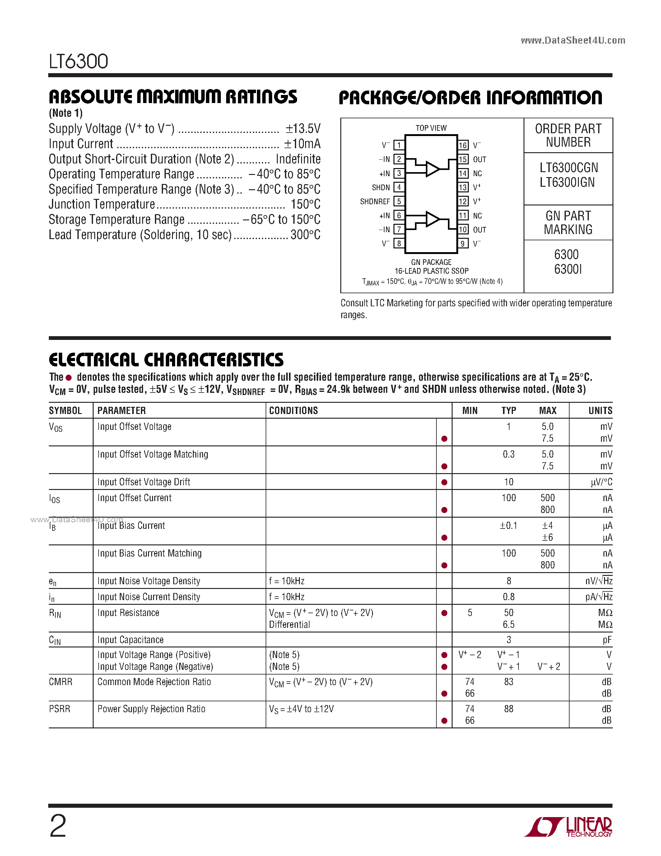 Даташит LT6300 - 200MHz X DSL LINE DRIVER IN 16-LEAD SSOP PACKAGE страница 2