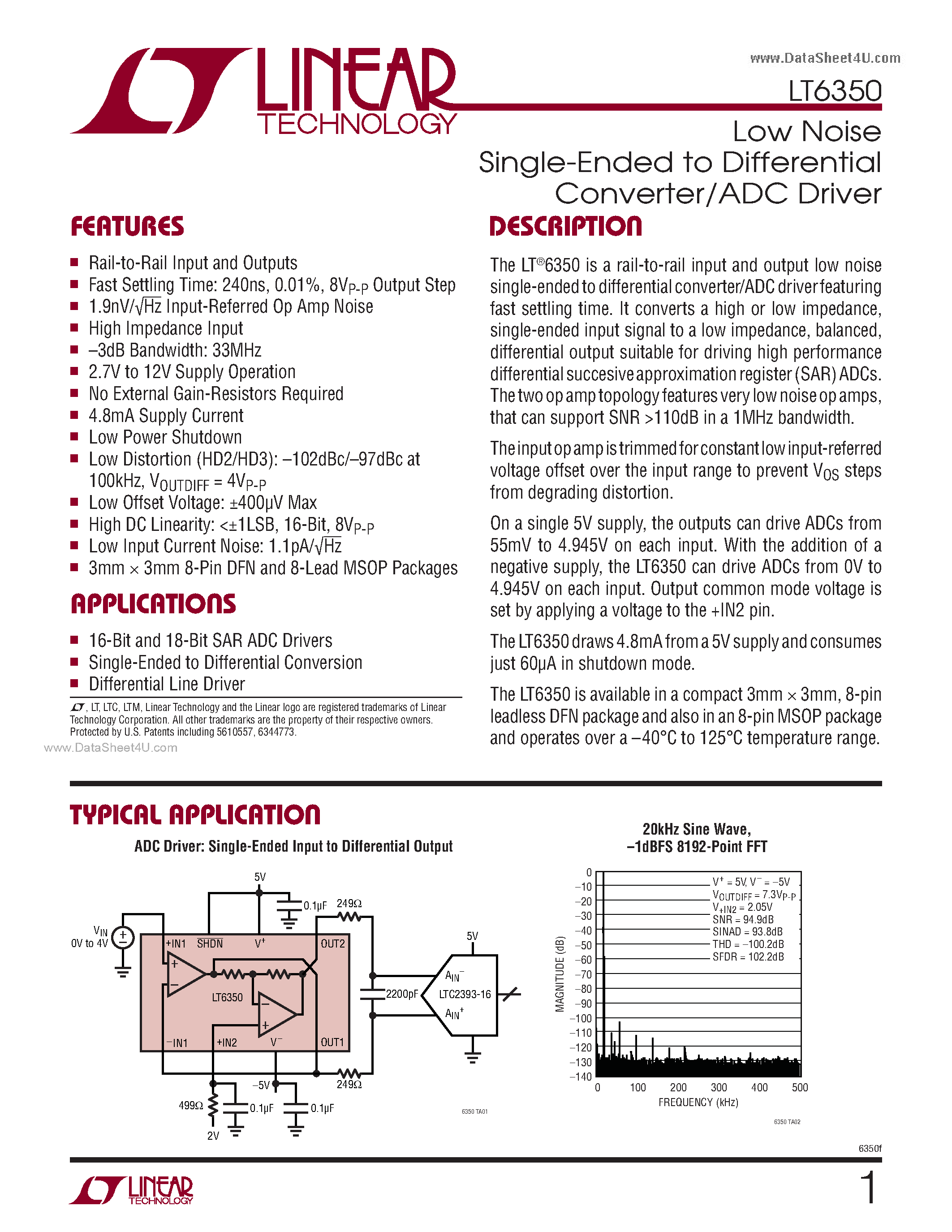 Datasheet LT6350 - Low Noise Single-Ended to Differential Converter/ADC Driver page 1
