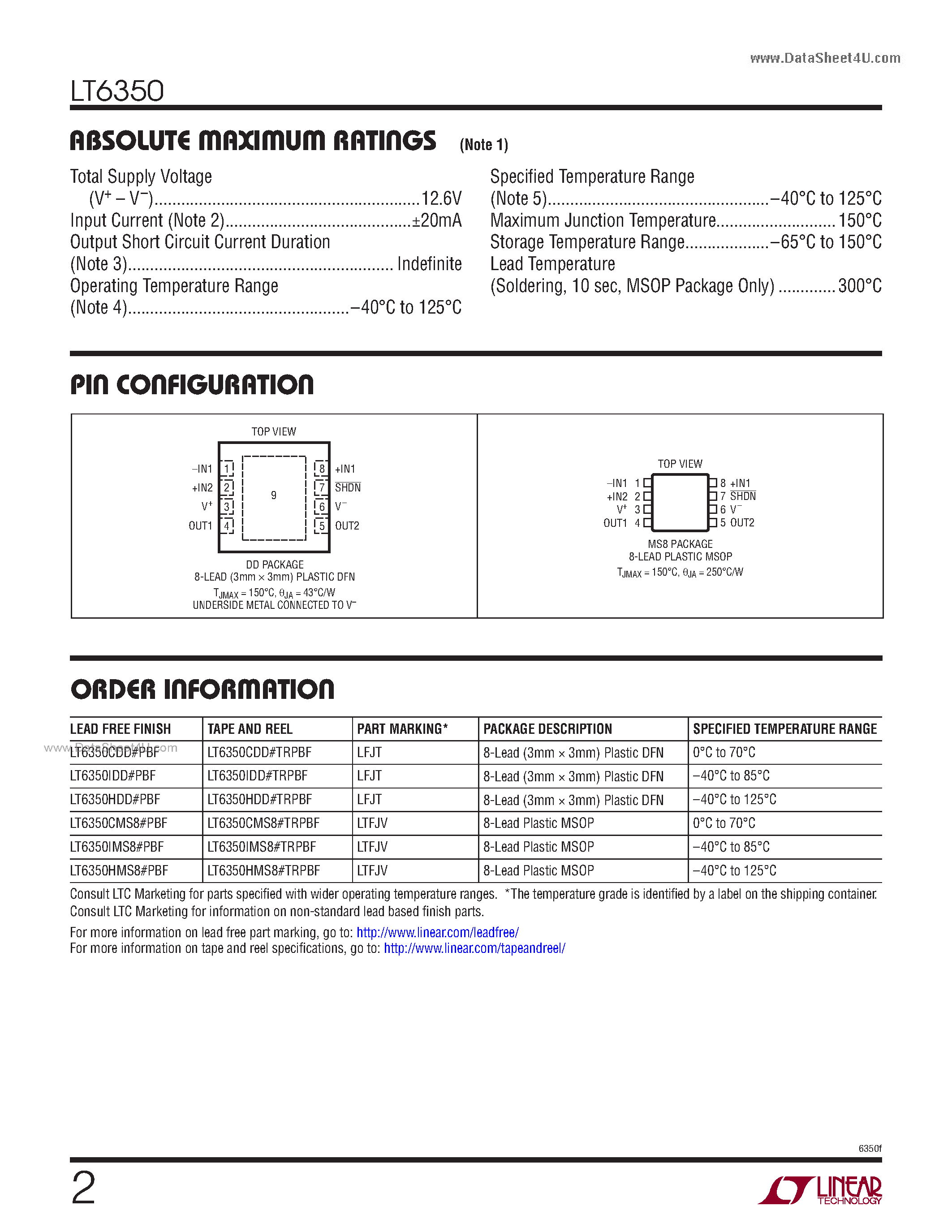 Datasheet LT6350 - Low Noise Single-Ended to Differential Converter/ADC Driver page 2