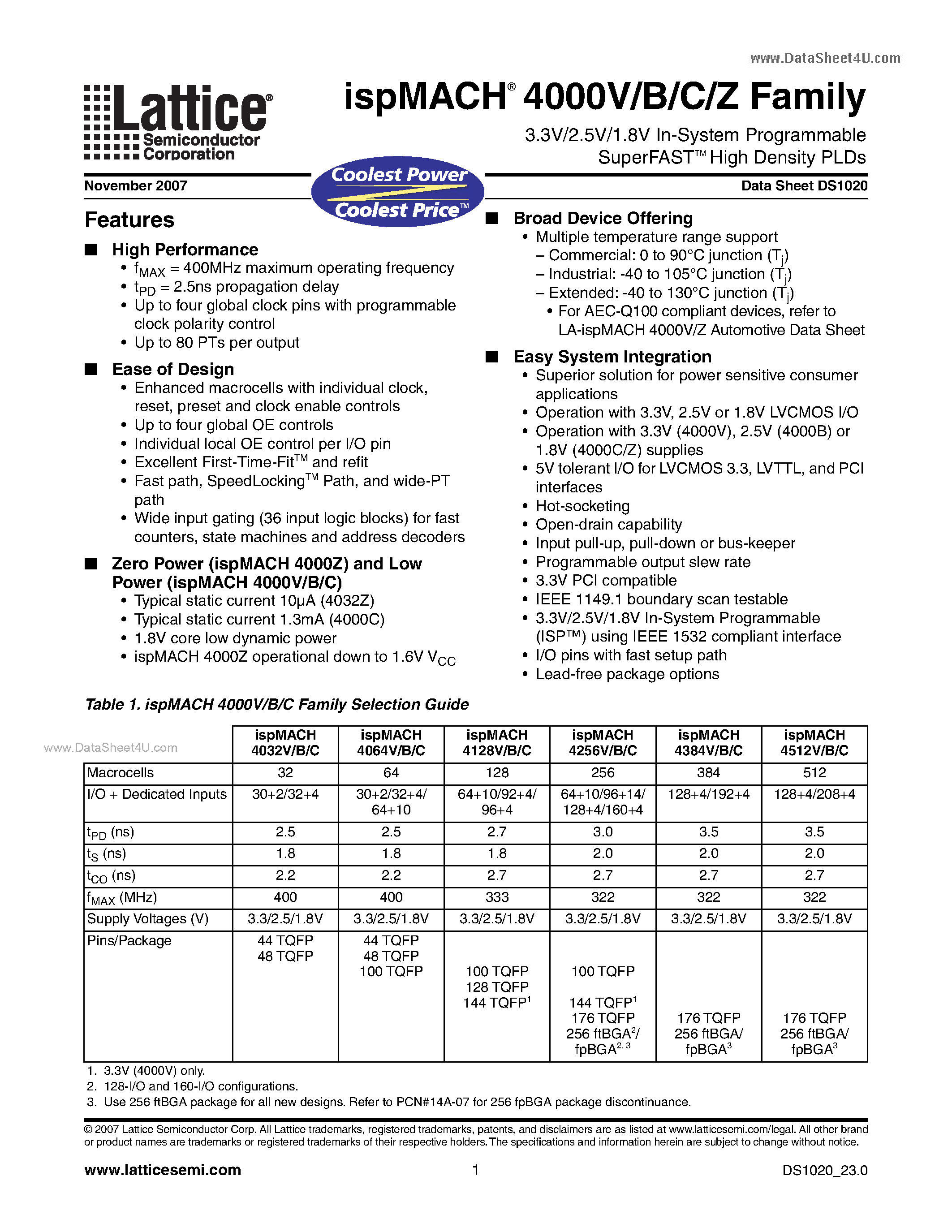Datasheet ISPMACH4000B - 3.3V/2.5V/1.8V In-System Programmable SuperFAST High Density PLDs page 1