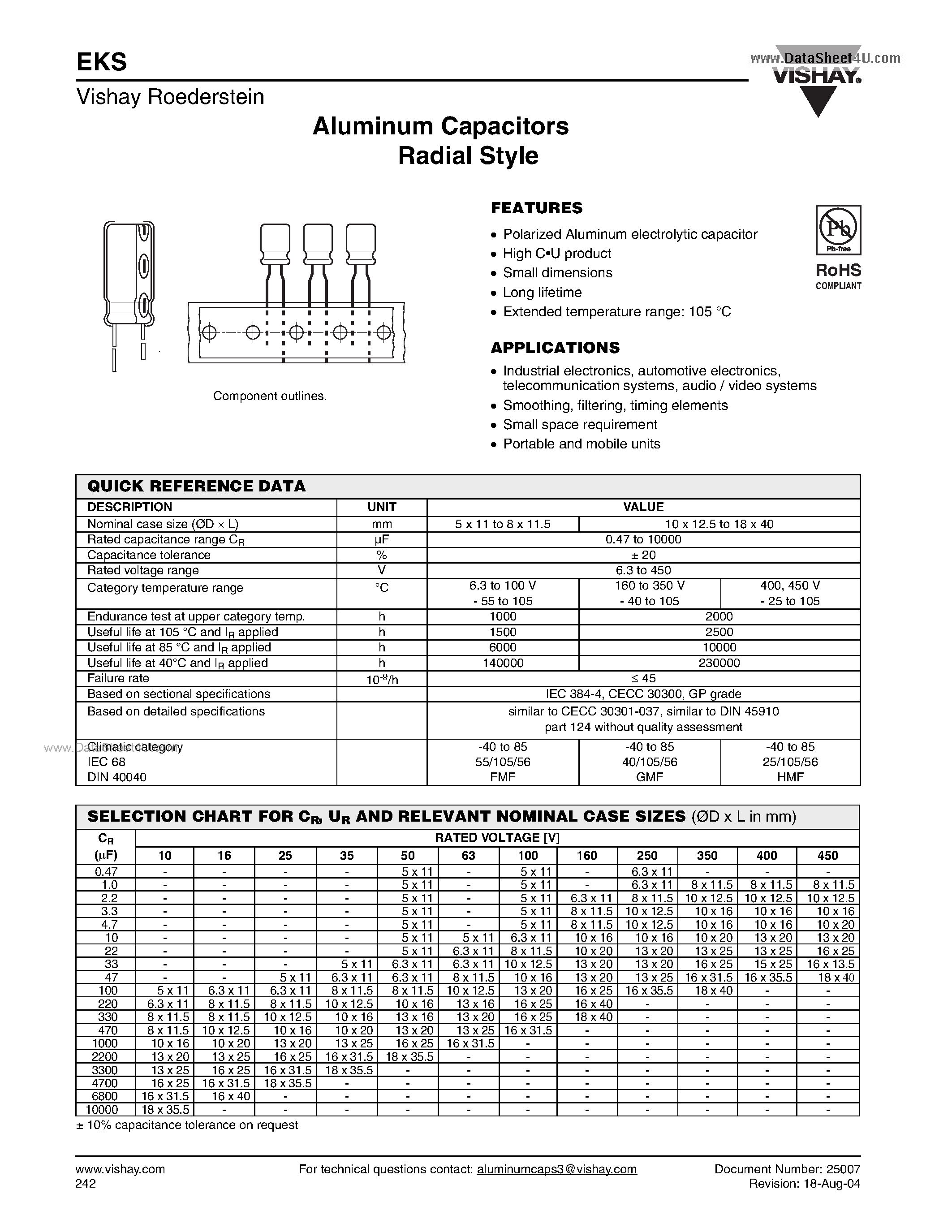 Datasheet EKS - Aluminum Capacitors Radial Style page 1