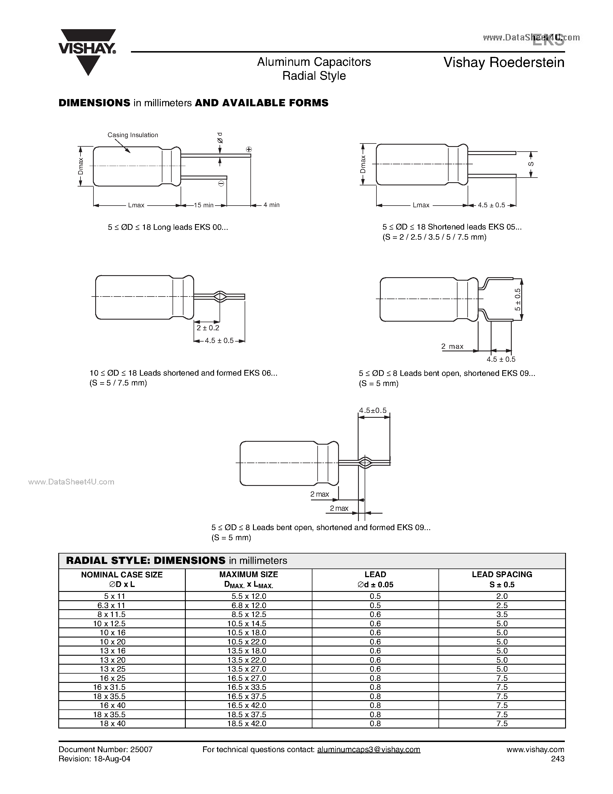 Datasheet EKS - Aluminum Capacitors Radial Style page 2