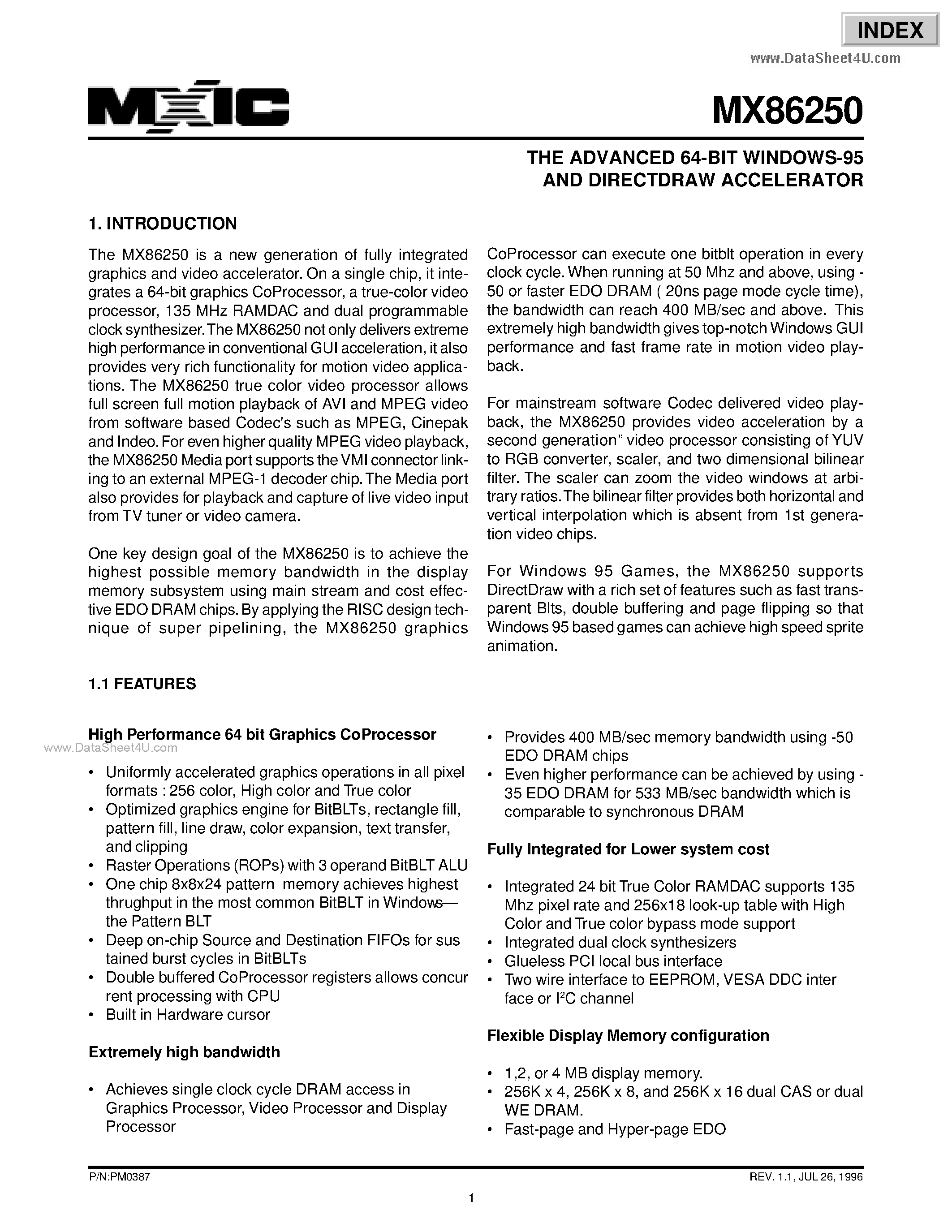 Даташит на микросхему MX86250 страница 1 Даташит MX86250 - THE ADVANCED 64-BIT WINDOWS-95 AND DIRECTDRAW ACCELERATOR страница 1