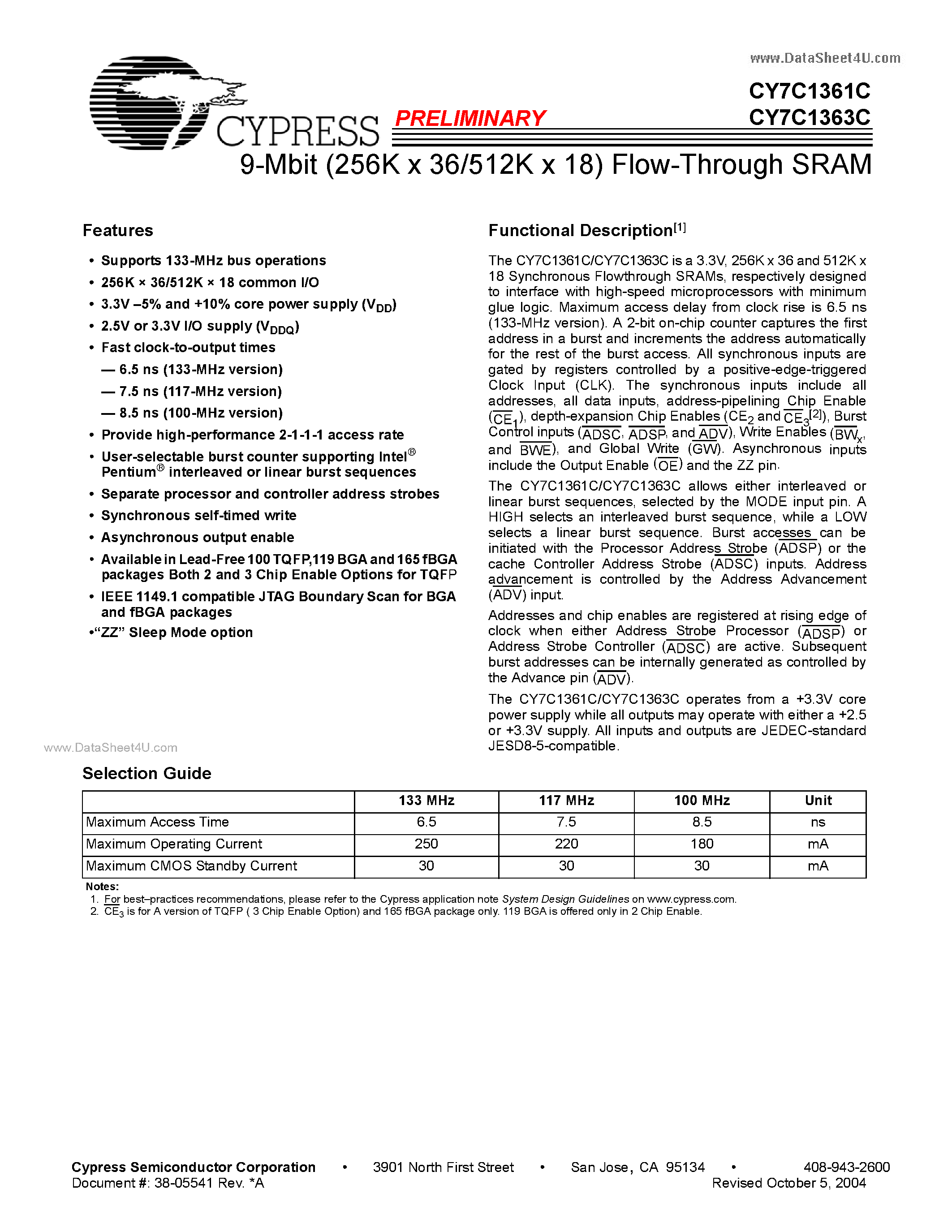Даташит CY7C1361C - (CY7C1361C / CY7C1363C) 9-Mbit (256K x 36/512K x 18) Flow-Through SRAM страница 1