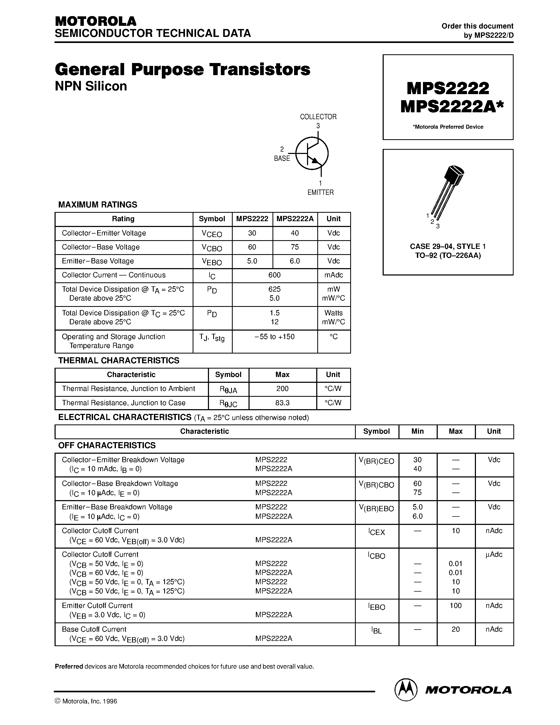 Datasheet MPS2222 - General Purpose Transistors page 1