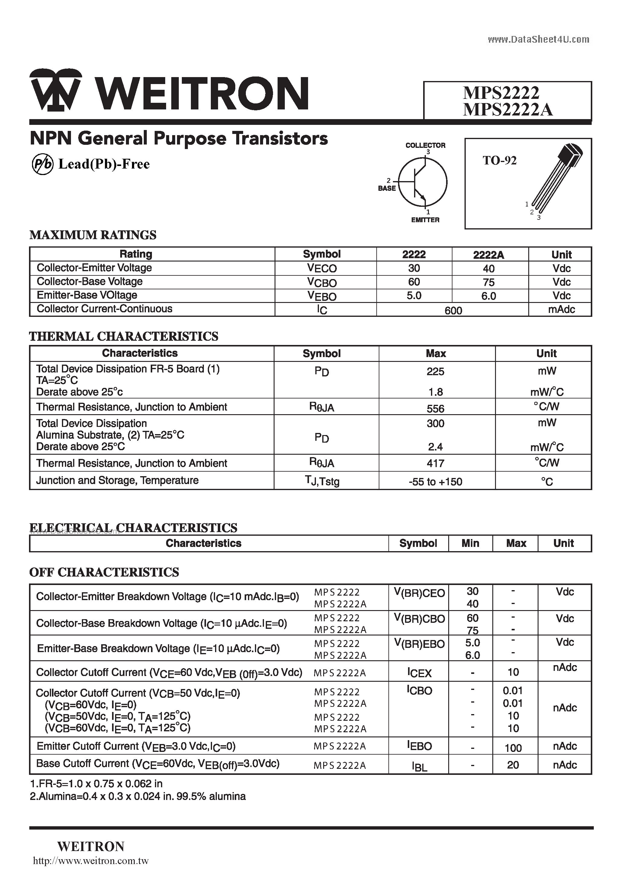 Datasheet MPS2222 page 1 Datasheet MPS2222 - NPN General Purpose Transistors page 1