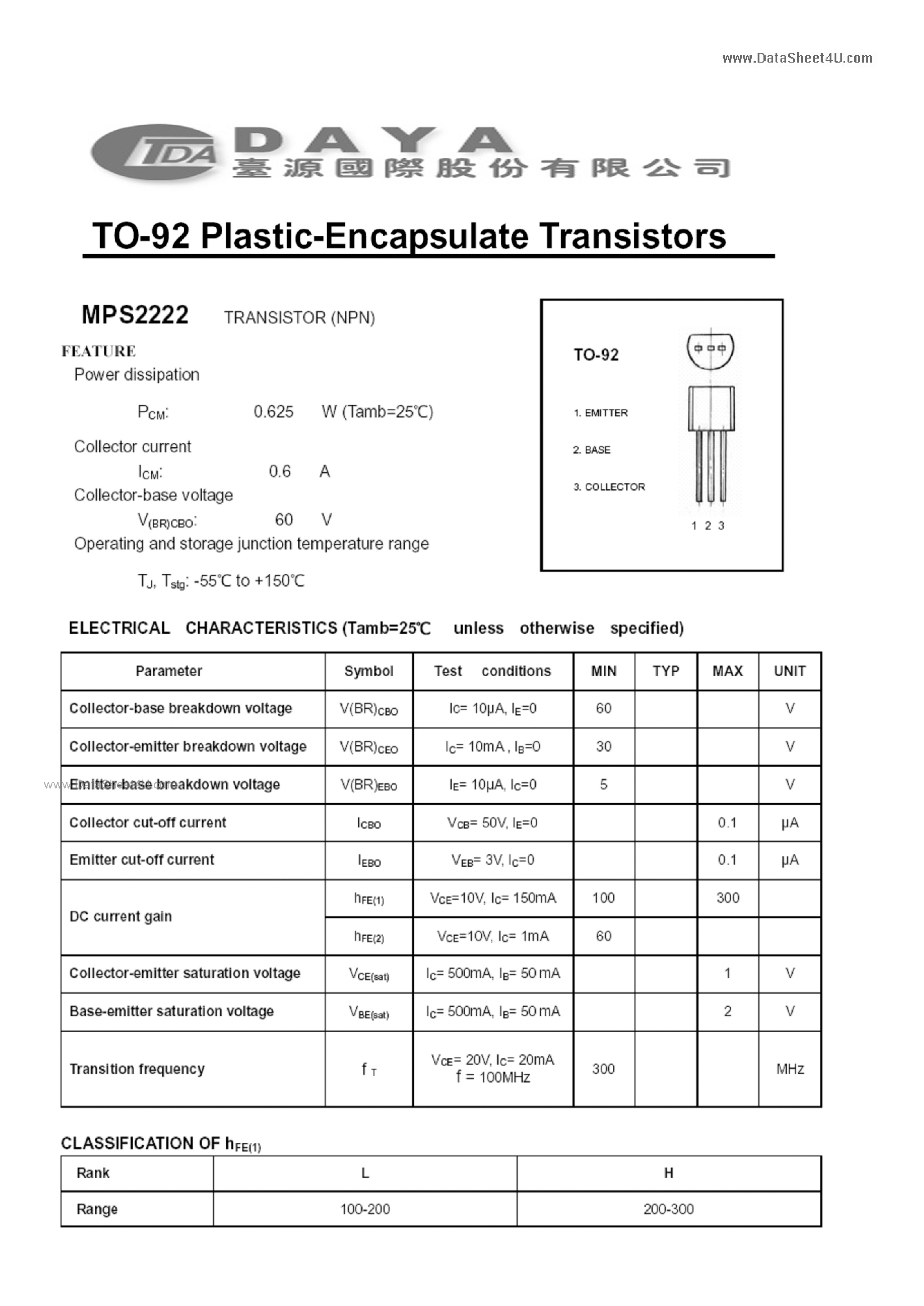 Datasheet MPS2222 page 1 Datasheet MPS2222 - TO-92 Plastic-Encapsulate Transistors page 1