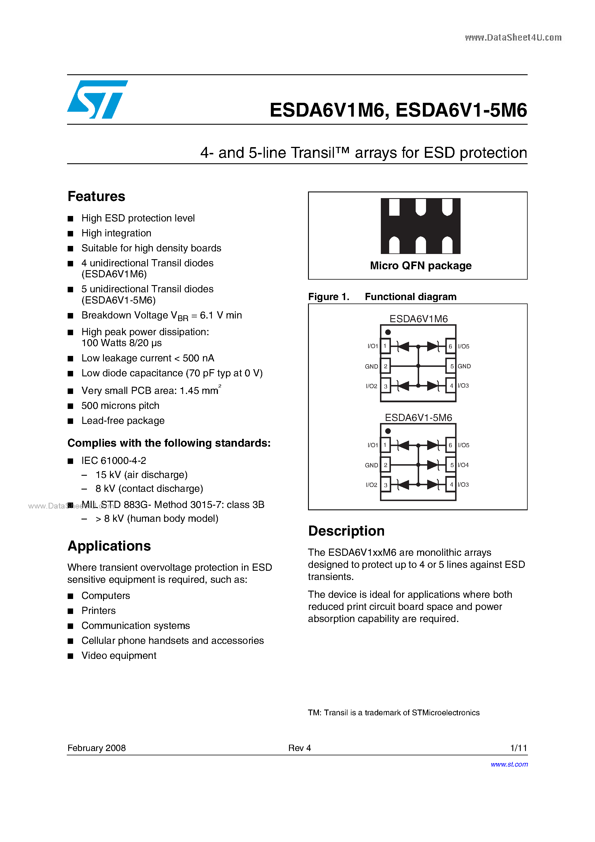Даташит ESDA6V1-5M6 - 4- and 5-line Transil arrays страница 1