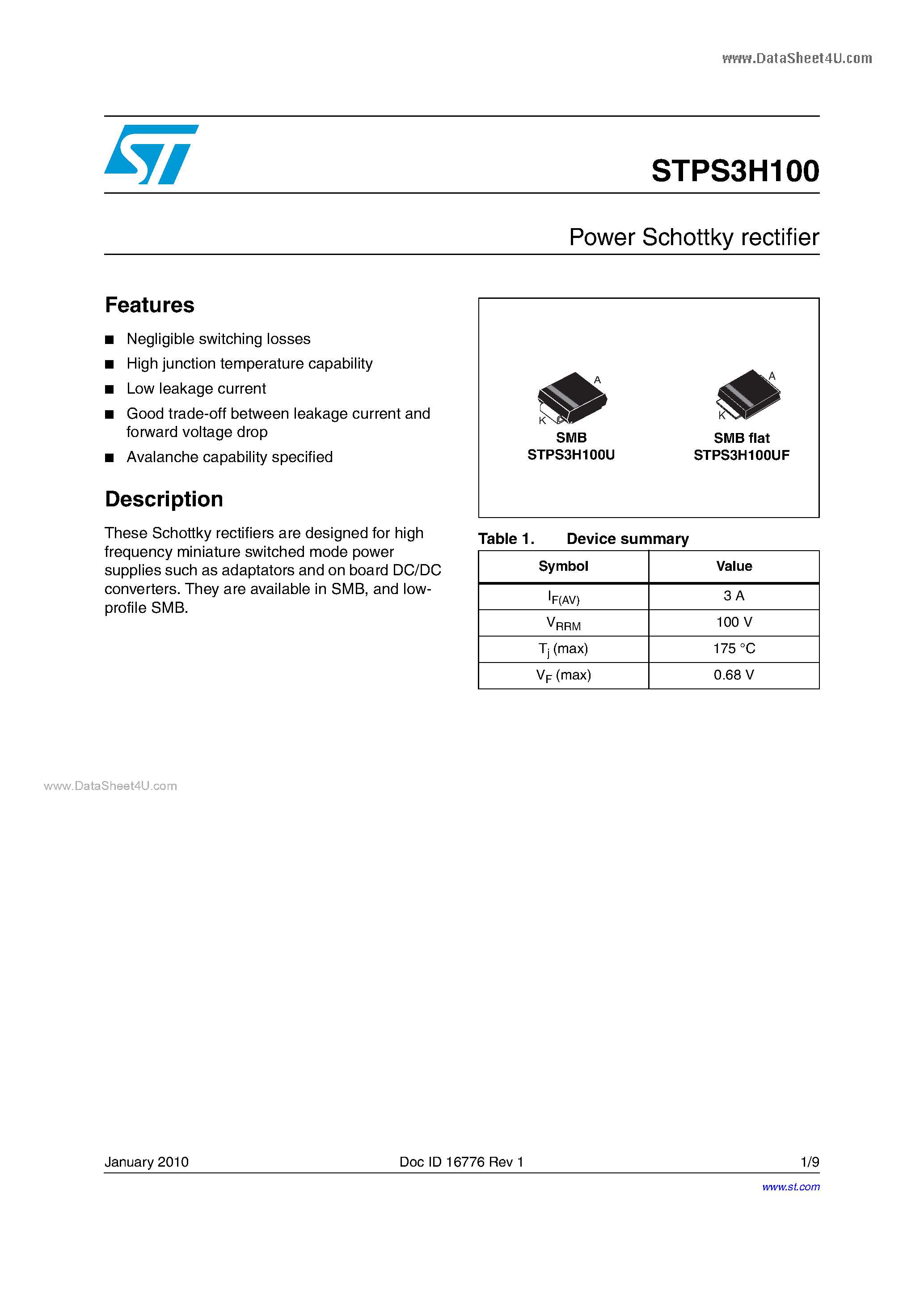 Datasheet STPS3H100 - Power Schottky rectifier page 1