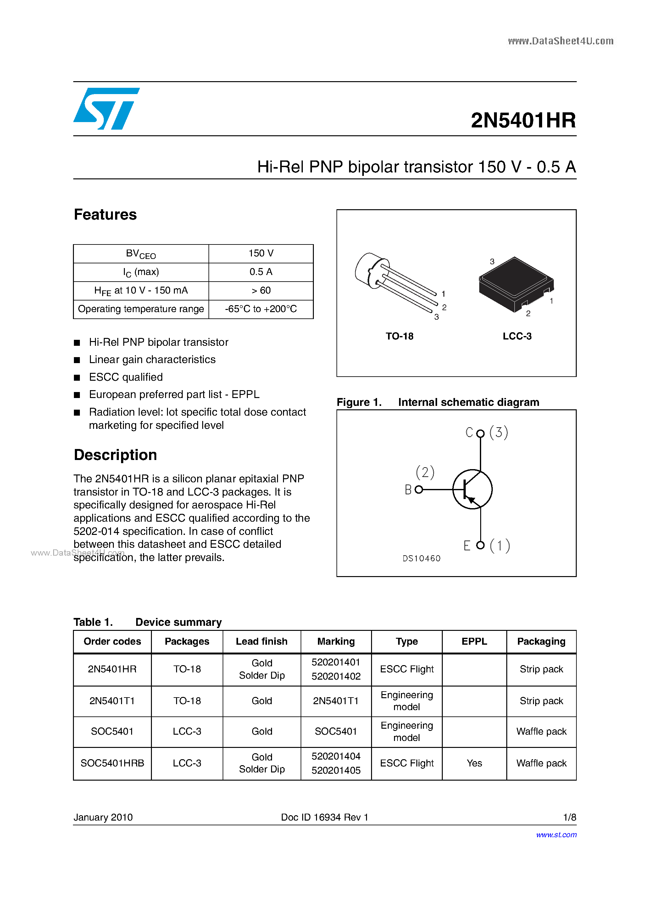 Datasheet 2N5401HR page 1 Datasheet 2N5401HR - Hi-Rel PNP bipolar transistor 150 V - 0.5 A page 1