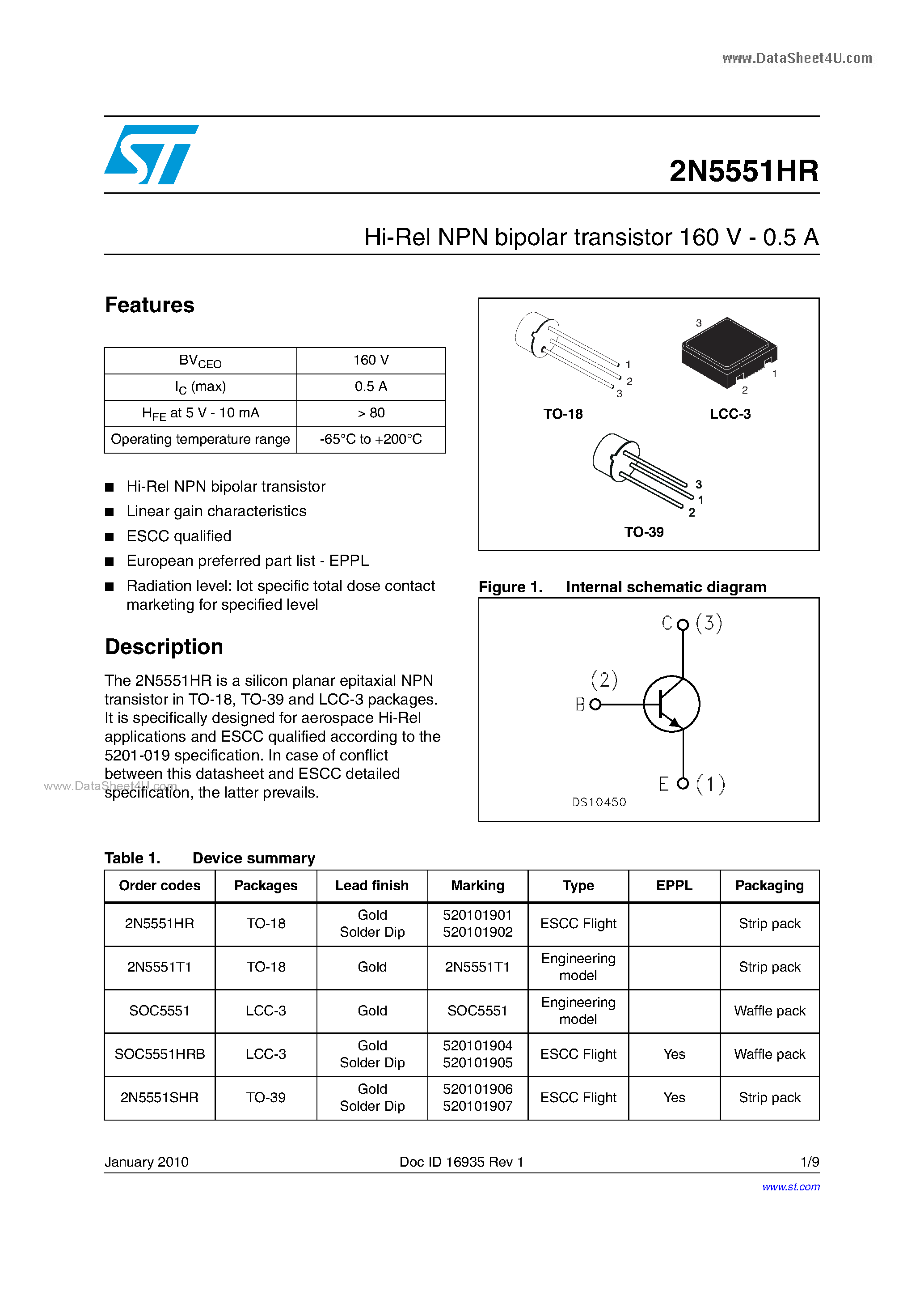 Datasheet 2N5551HR page 1 Datasheet 2N5551HR - Hi-Rel NPN bipolar transistor 160 V - 0.5 A page 1