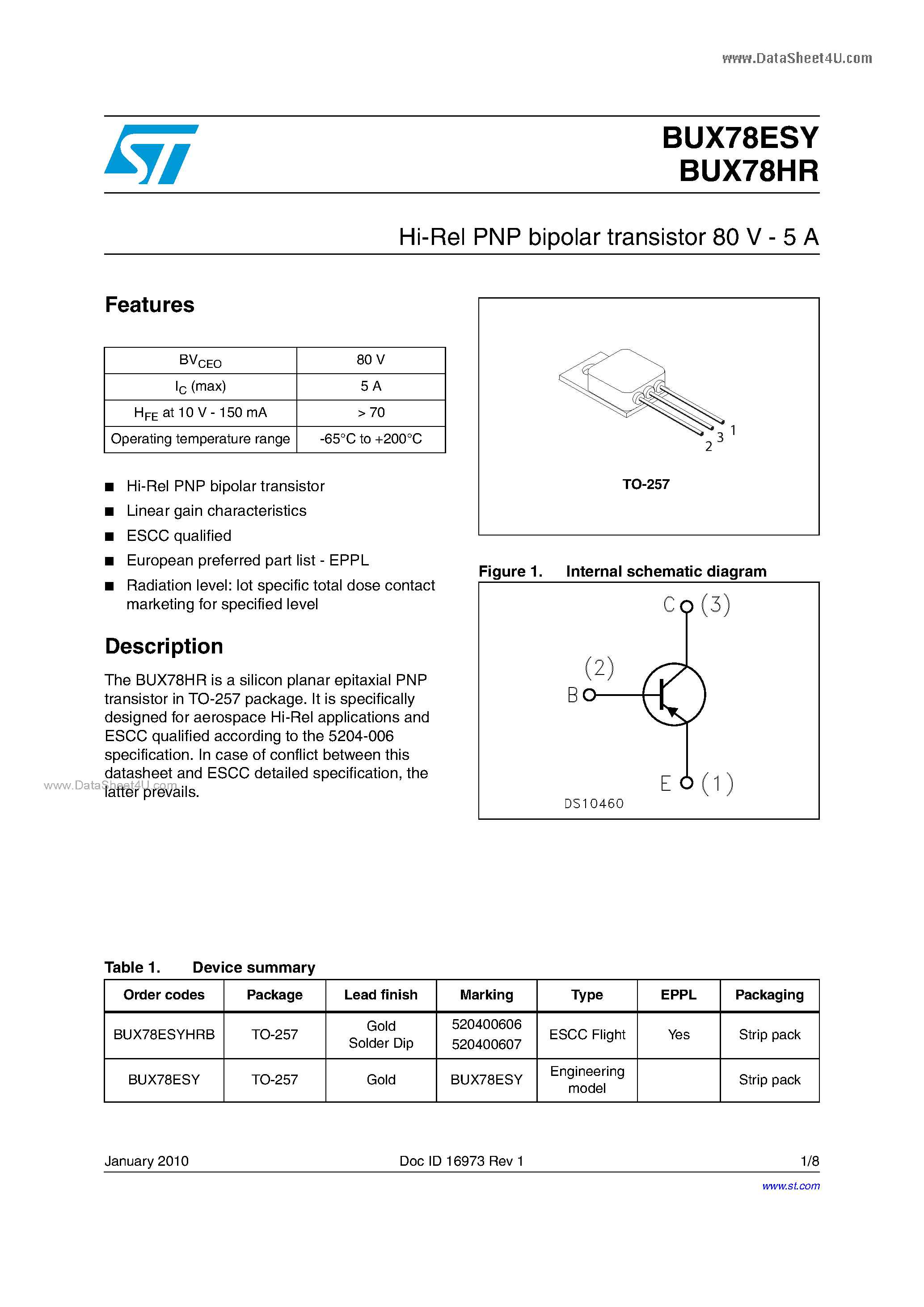 Datasheet BUX78ESY - Hi-Rel PNP bipolar transistor 80 V - 5 A page 1