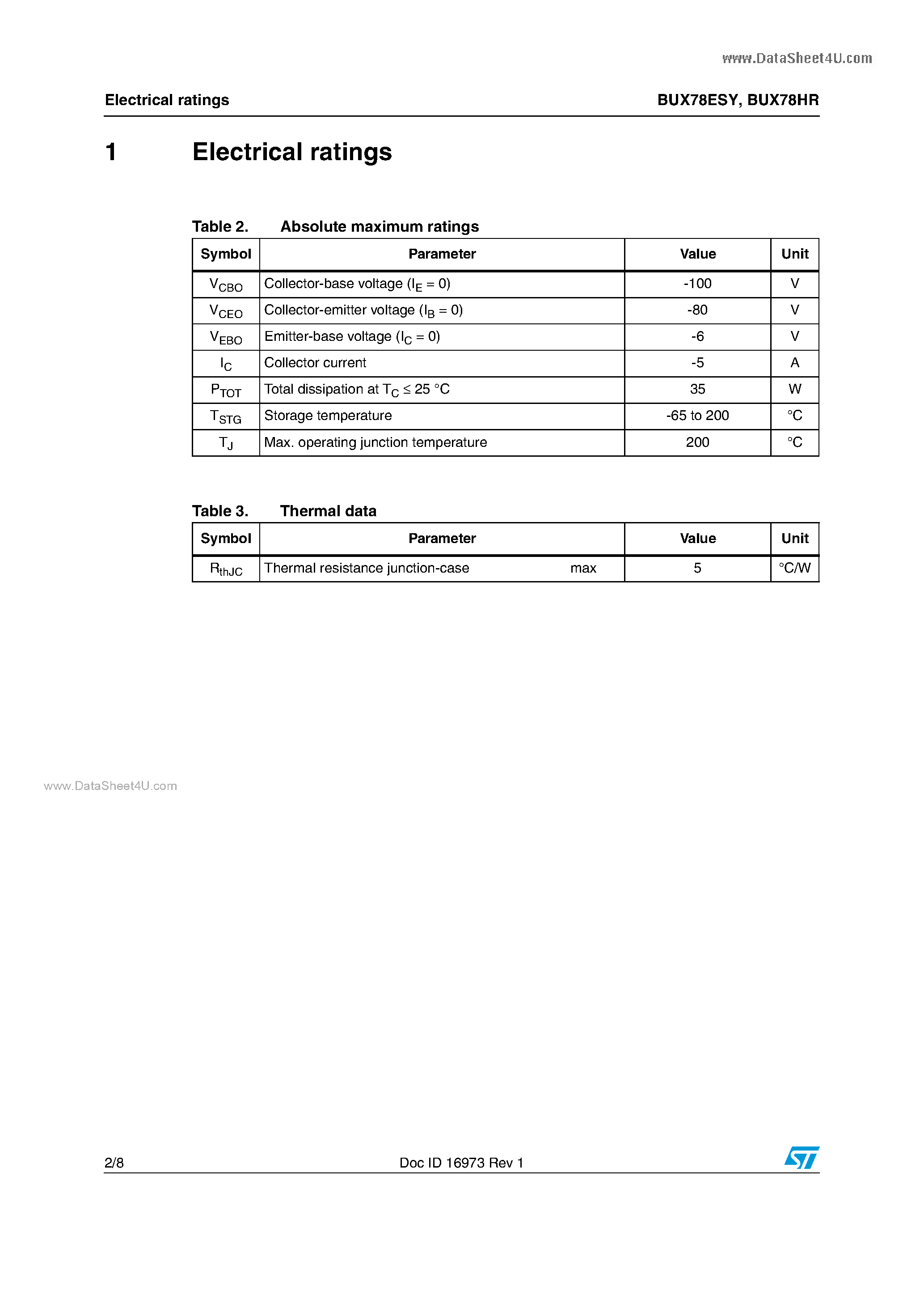 Datasheet BUX78ESY - Hi-Rel PNP bipolar transistor 80 V - 5 A page 2