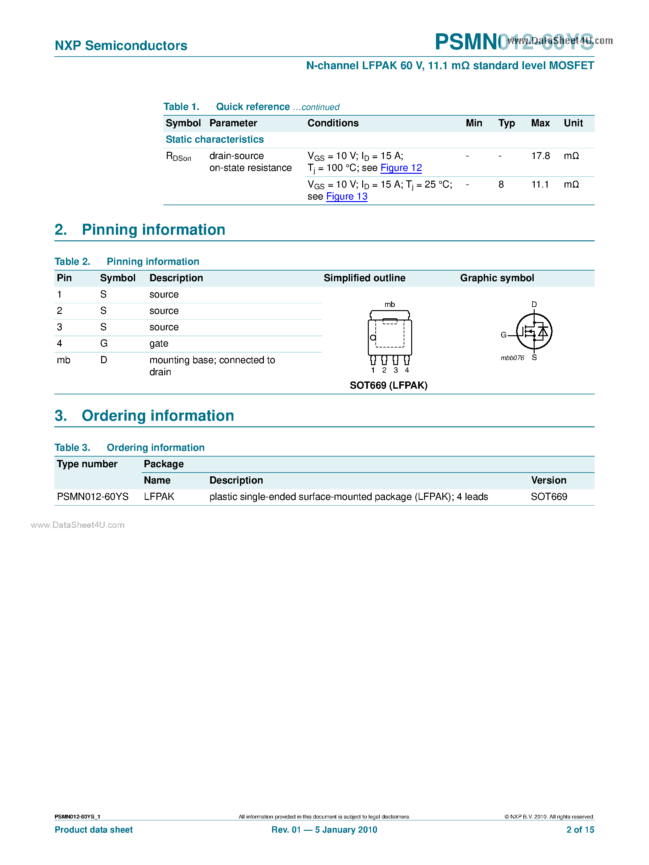 Datasheet PSMN012-60YS - N-channel LFPAK Standard Level MOSFET page 2